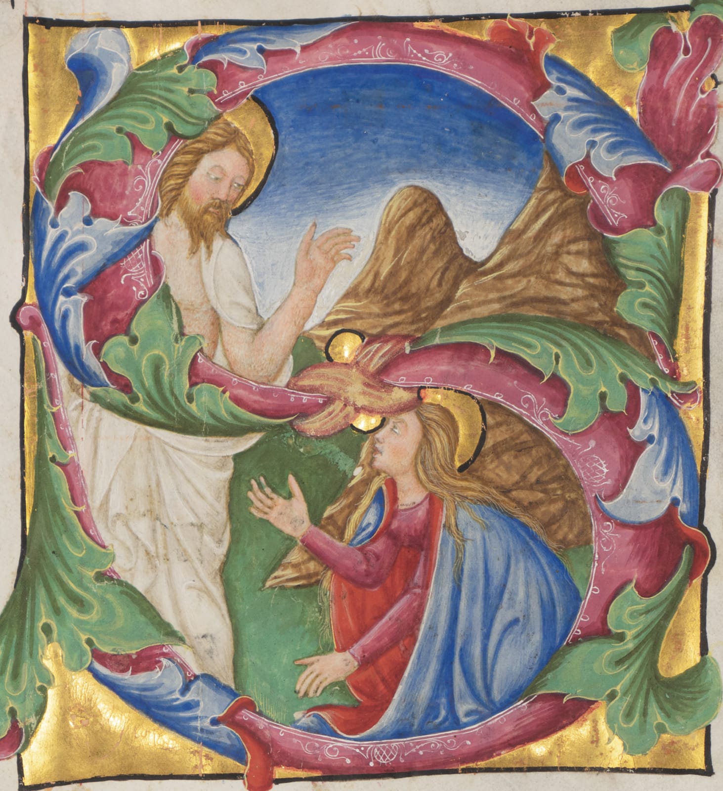 A detail of a large and shinning illumianted miniature from a large antiphonary realized in Italy, Venice, c. 1467-1470 for the church of San Giorgio Maggiore. The artwork depicts the Noli me Tangere: the Christ appears to Mary Magdalena, who tries to touch him.