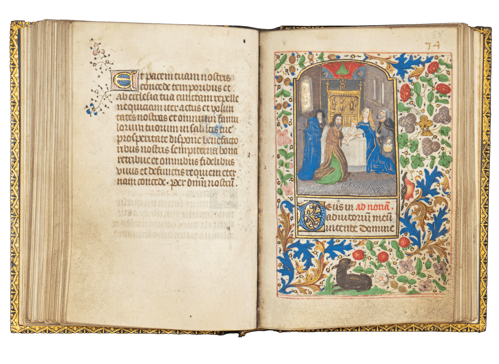 A Book of Hours (use of Rome) produced in Bruges c. 1460 and illuminated by the Mildmay Master. The image shows the illuminated manuscript open on the page of the Presentation to the Temple miniature painting.