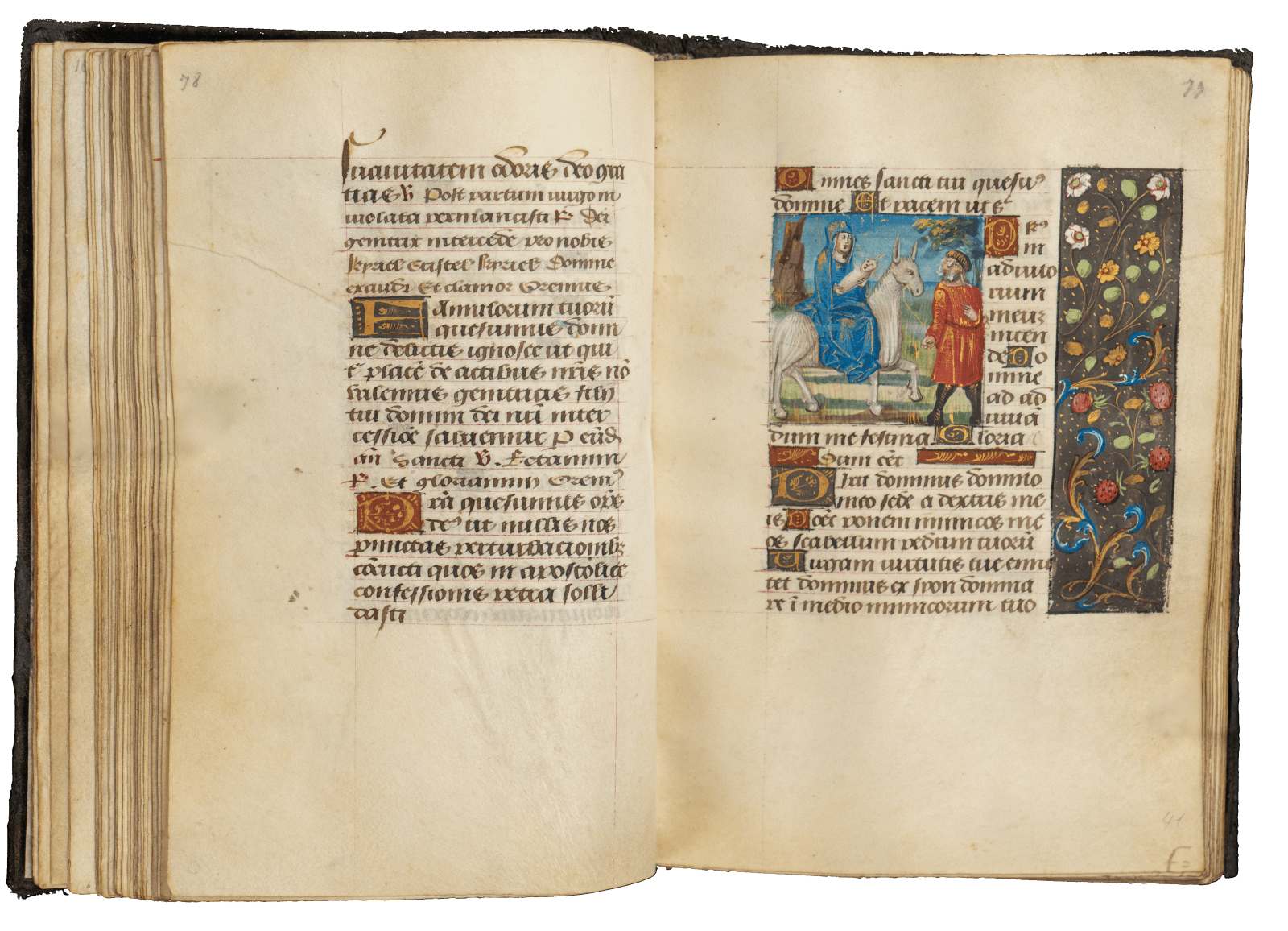 Illuminated manuscript (Book of Hours of the Saumaize Family, of Dijon) open on the page featuring a miniature depicting the Flight into Egypt as well as one illuminated border with floral decoration, painted c. 1490-1500 by the Master of the Saumaize Hours