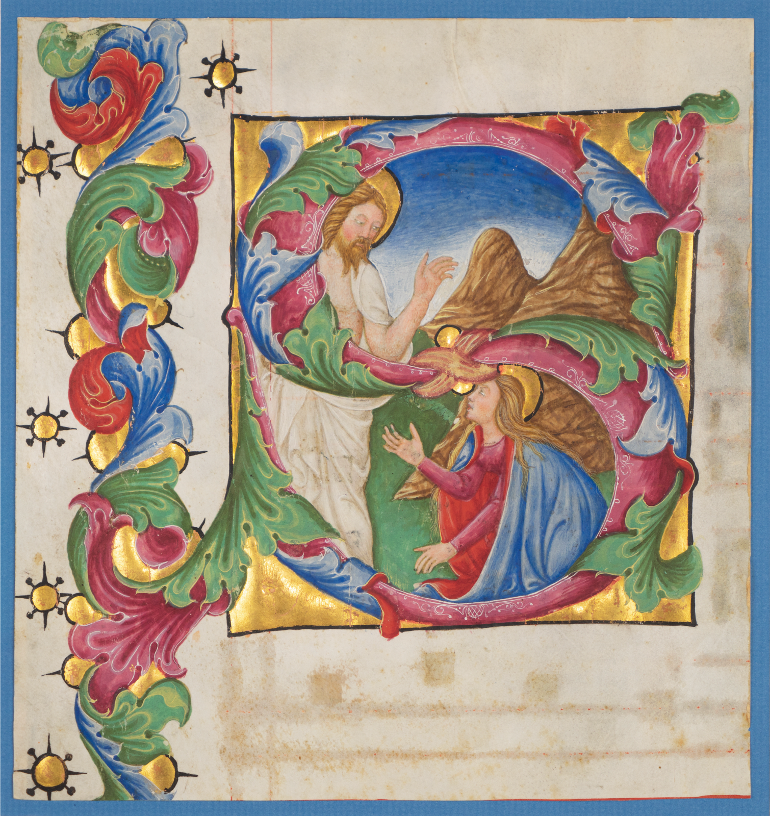 One large and shinning illumianted miniature from a large antiphonary realized in Italy, Venice, c. 1467-1470 for the church of San Giorgio Maggiore. The artwork depicts the Noli me Tangere: the Christ appears to Mary Magdalena, who tries to touch him.