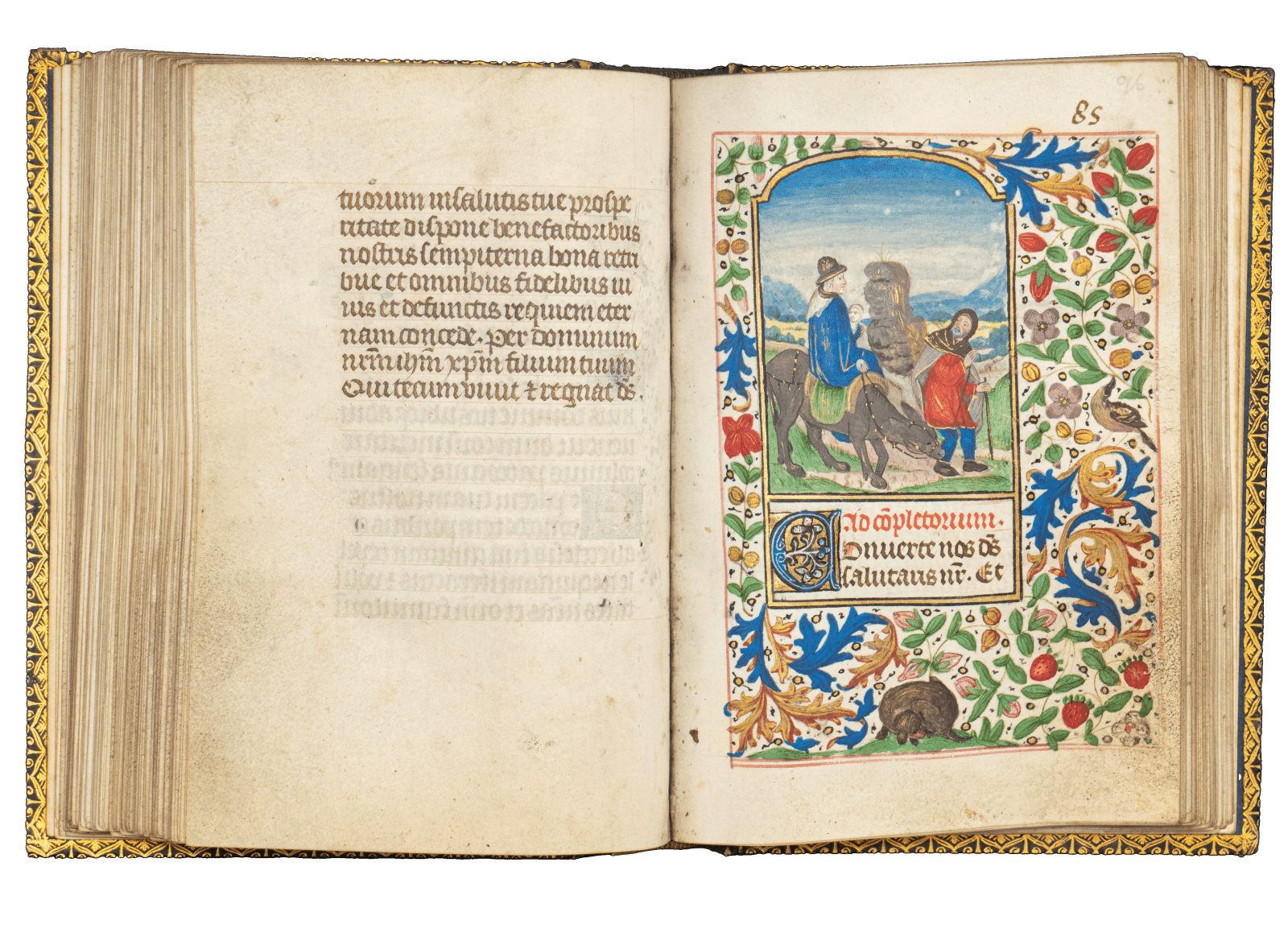 A Book of Hours (use of Rome) produced in Bruges c. 1460 and illuminated by the Mildmay Master. The image shows the illuminated manuscript open on the page of the Flight into Egypt miniature painting.