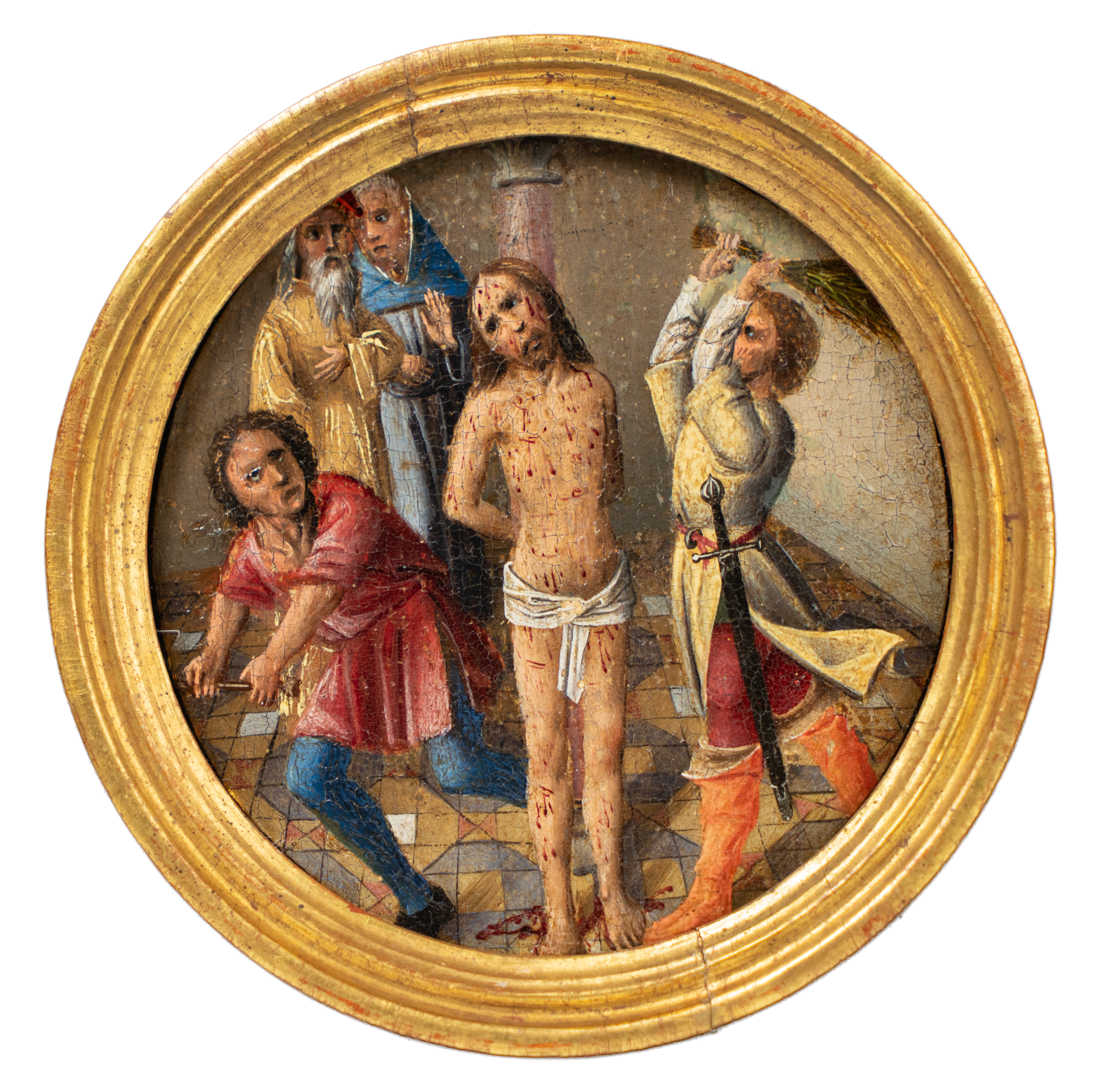 Flagellation of Christ: a medallion from a lost painting of Our Lady of the Rosary, executed in Brussels c. 1500 by the Master of the Orsoy Altarpiece, important artist from the workshop of Colijn de Coter