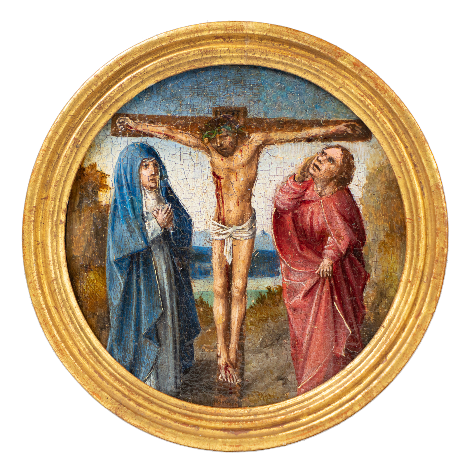 Christ crucified with Mary and John: a medallion from a lost painting of Our Lady of the Rosary, executed in Brussels c. 1500 by the Master of the Orsoy Altarpiece, important artist from the workshop of Colijn de Coter