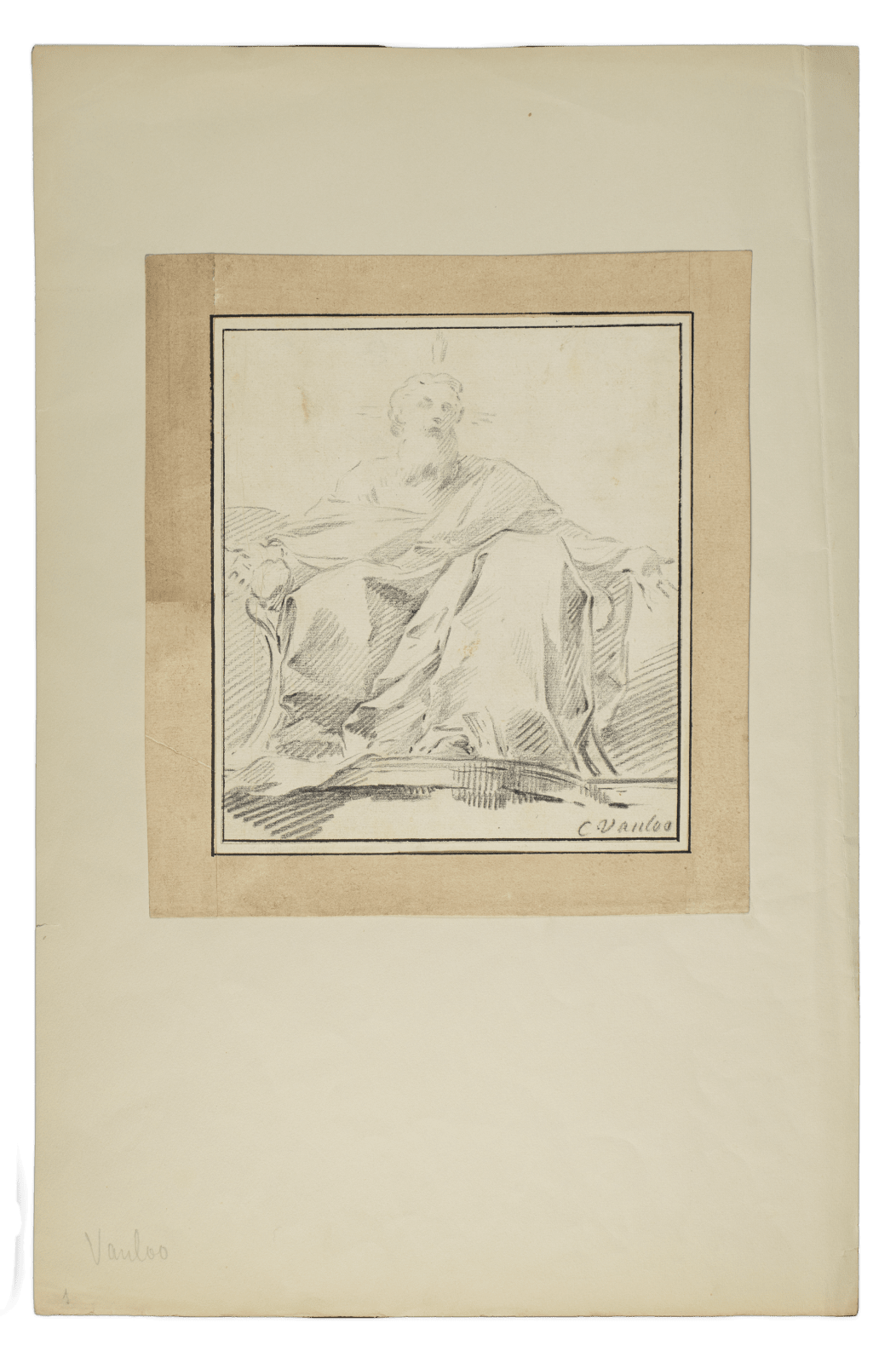 Sketch of a seated figure with a halo, draped in flowing robes by Carle van Loo.