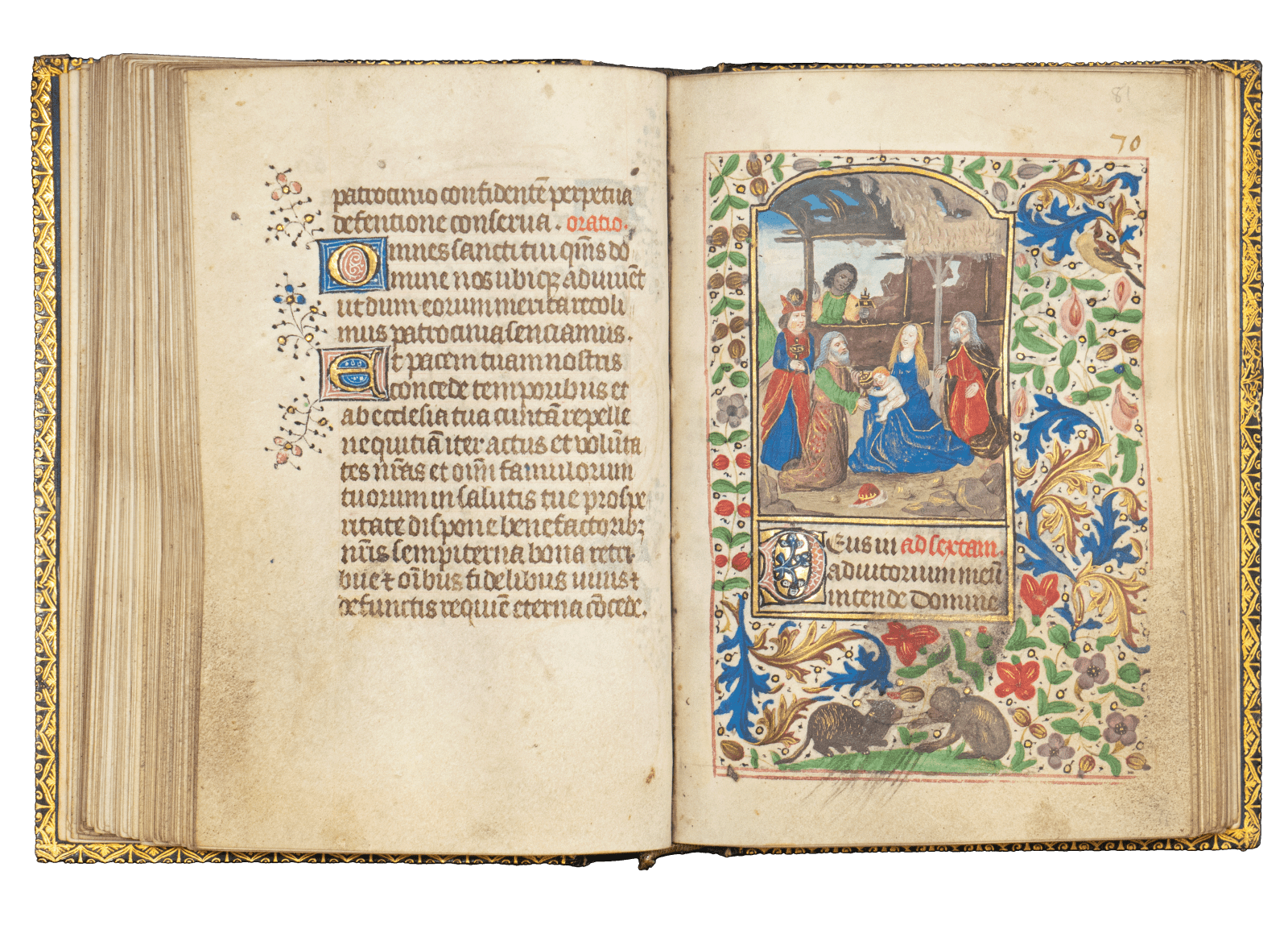A Book of Hours (use of Rome) produced in Bruges c. 1460 and illuminated by the Mildmay Master. The image shows the illuminated manuscript open on the page of the Adoration of the Magi miniature painting.