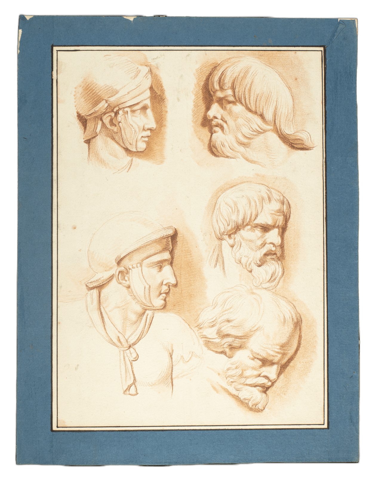 Five profile sketches of men with various headwear and facial hair, showcasing classical features.