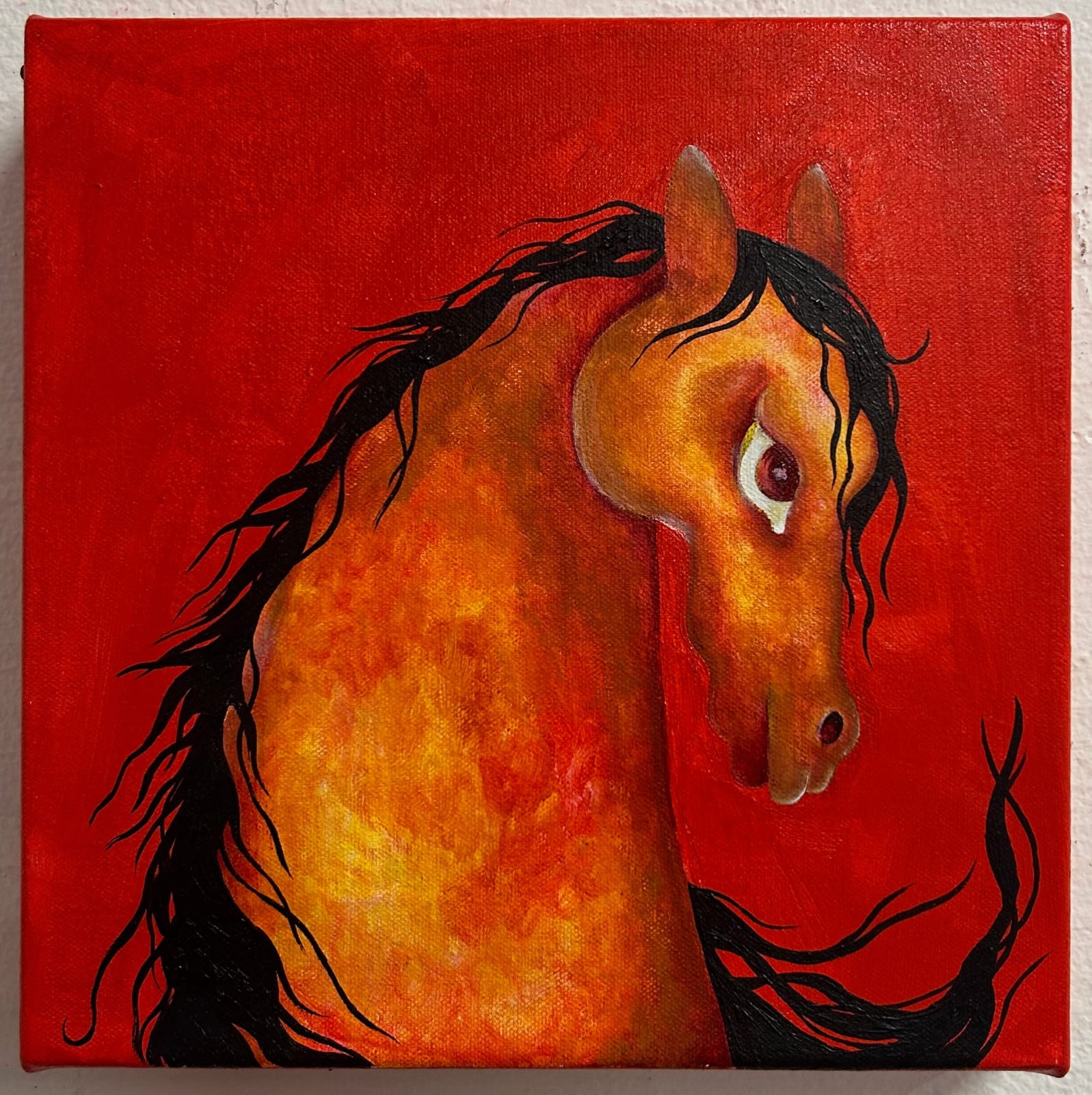 Cici McMonigle, Red Horse, acrylic on canvas, 10x10in