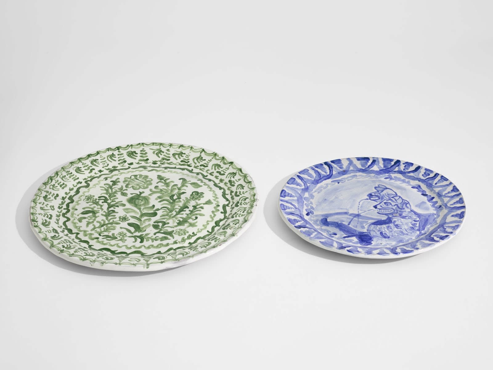 Raina Lee, The Court of the Lions Plate (blue) and Pomegranate and Flowers Plate (green), 2025