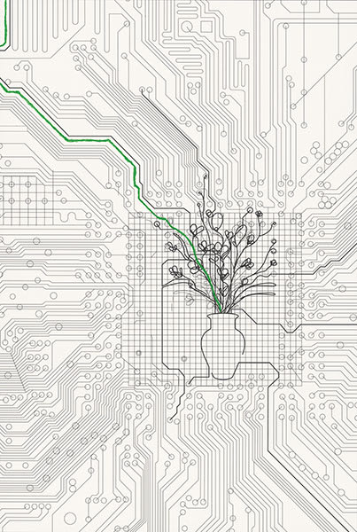 Analia Saban, Bouquet of Flowers within Circuit Board (with Green Line), 2014