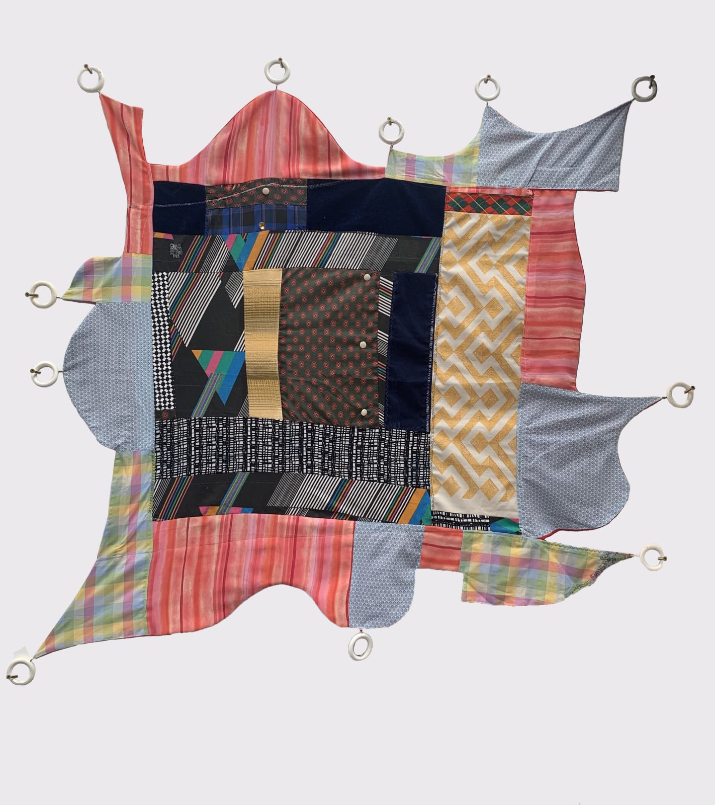 Jessica Voorsanger, Fabric Construction Pink, Aprons and Buttons with White Curtain Rings, 2021-22