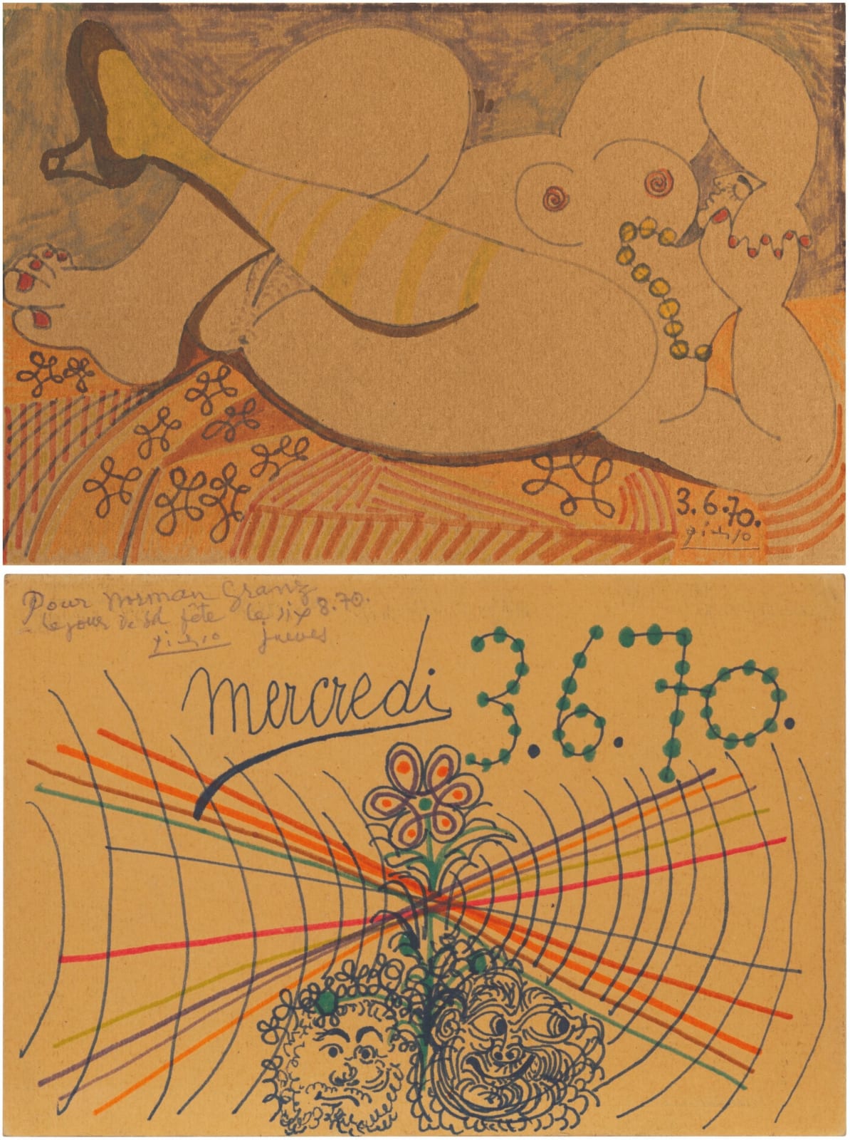 Pablo Picasso, Nu couché au collier (recto) ; Deux têtes (verso), 1970