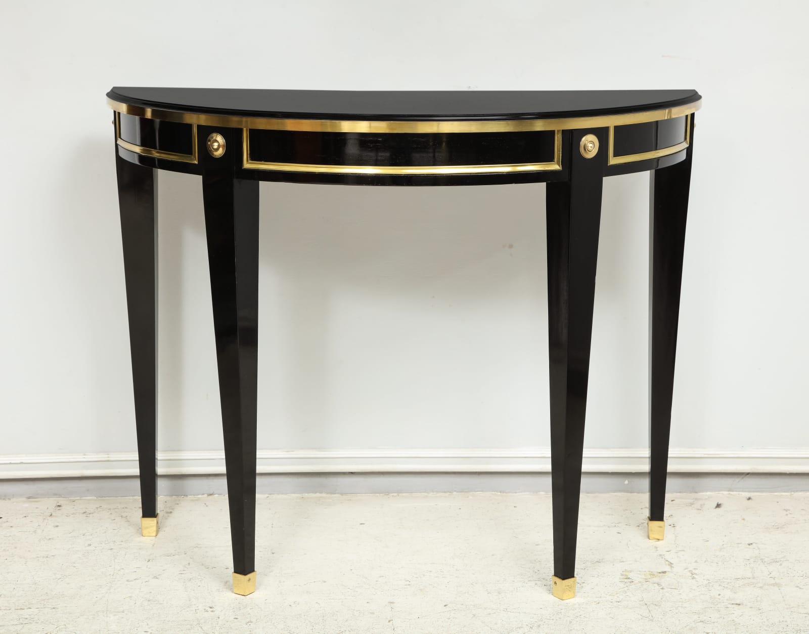 Bespoke Pair of Brass-Banded Demilune Consoles in the Neoclassic Manner, 21st century