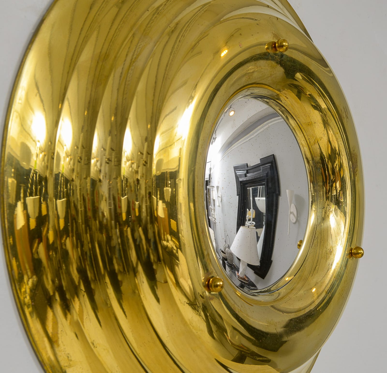 Vintage French Brass Circular Convex Mirror, c 1950's - 1960's