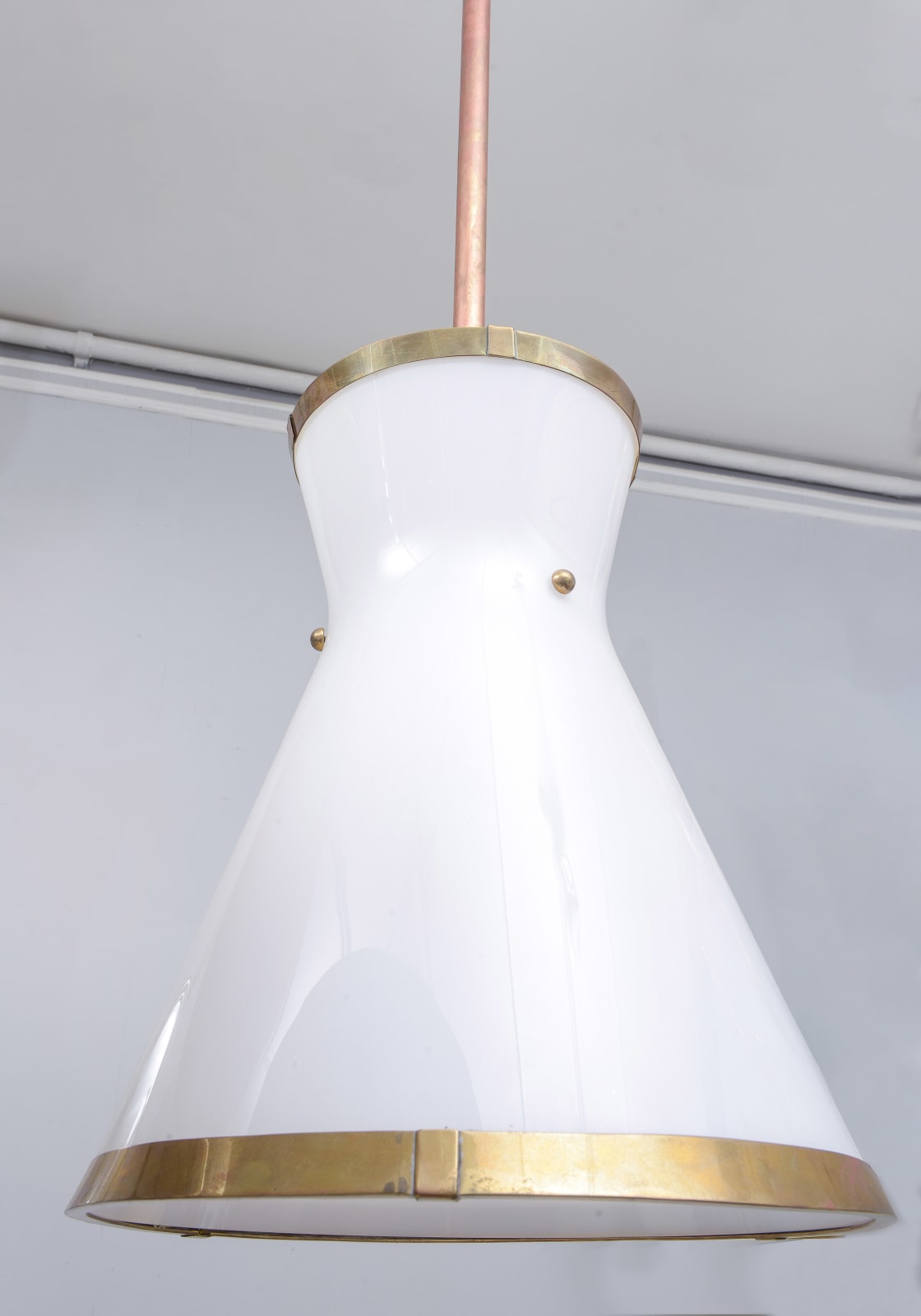 Custom Cone-Shaped White Glass Fixture with Applied Brass, 21st century