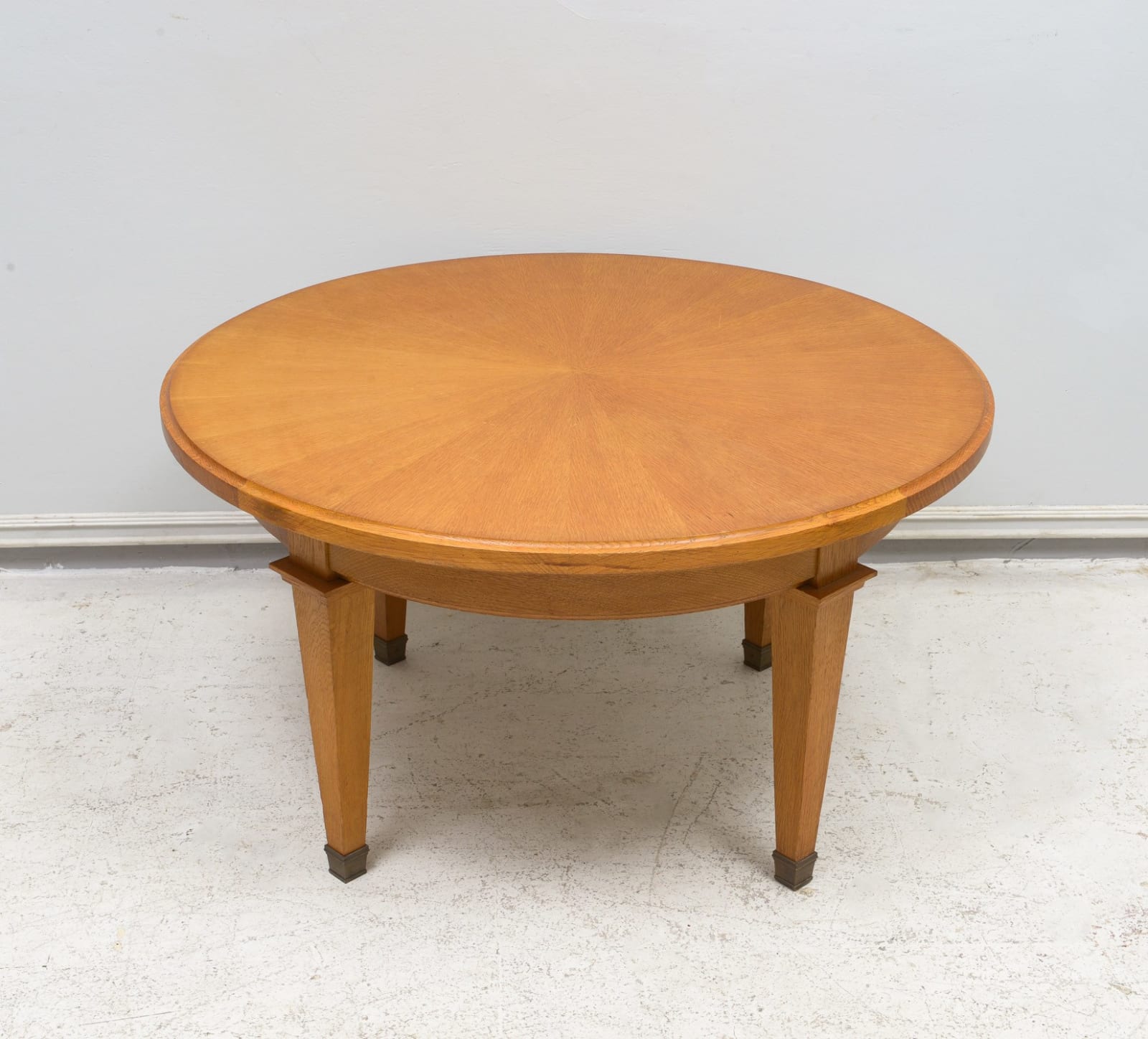 Vintage French Circular Coffee Table in Oak on Tapered Legs ending in Brass Sabots, c 1940's-1950's