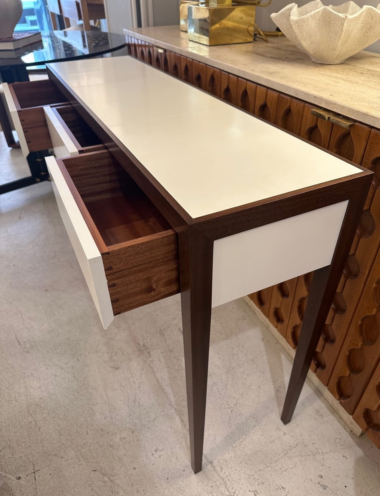 Custom Parchment and Mahogany Console with Three Drawers
