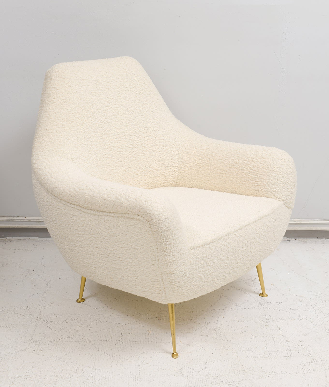 Custom Pair of Italian Mid-century Modern Lounge Chairs Upholstered in Boucle
