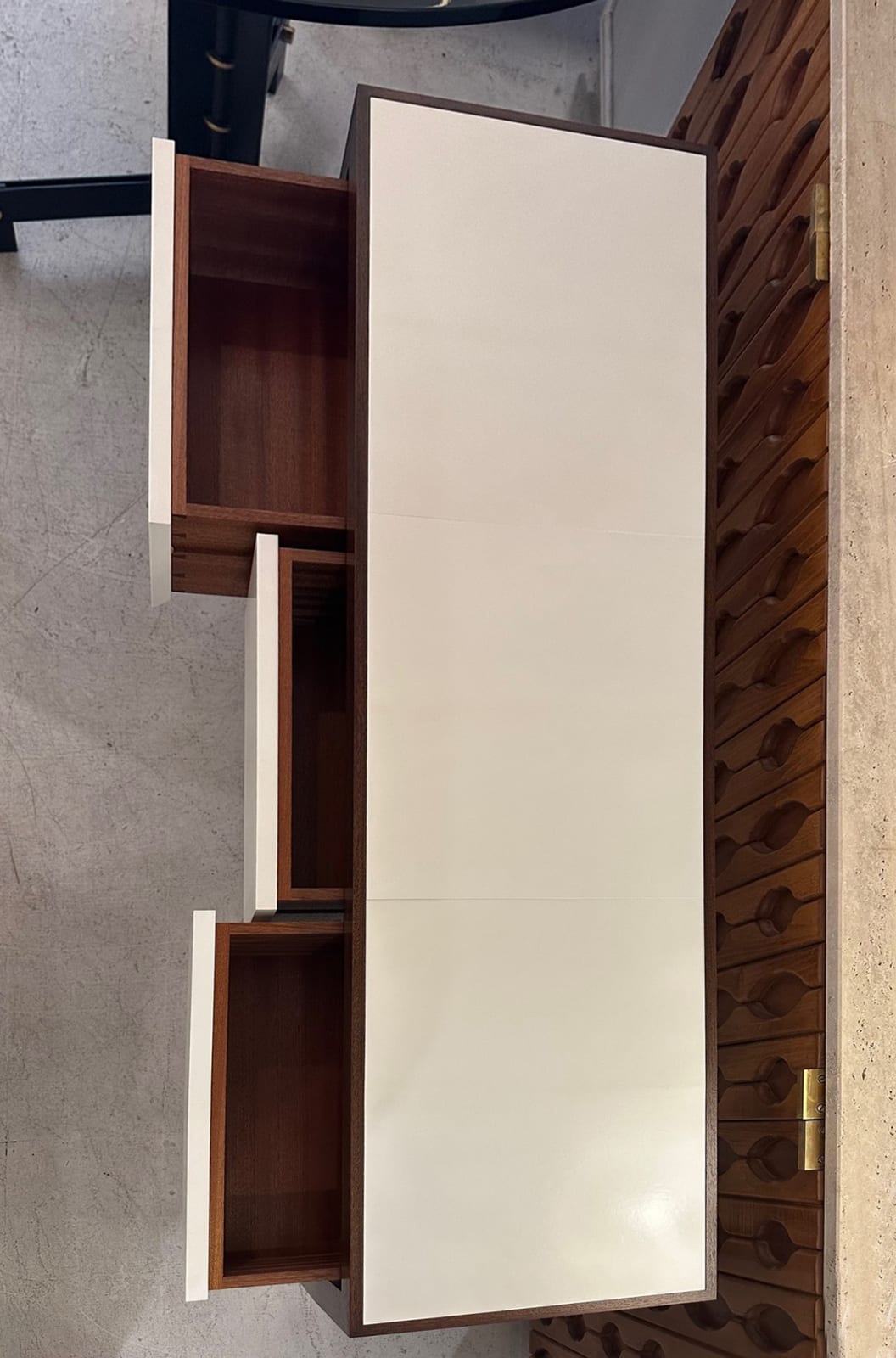 Custom Parchment and Mahogany Console with Three Drawers