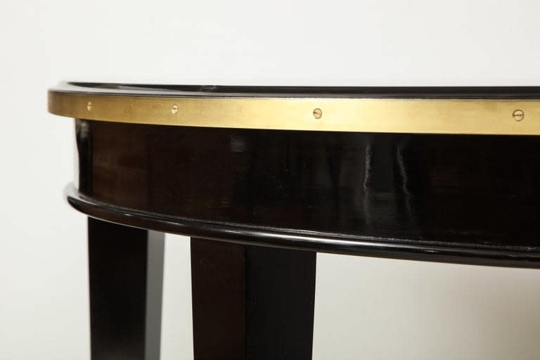 Custom Pair of Ebonized Demilune Consoles with Inlaid Brass Top