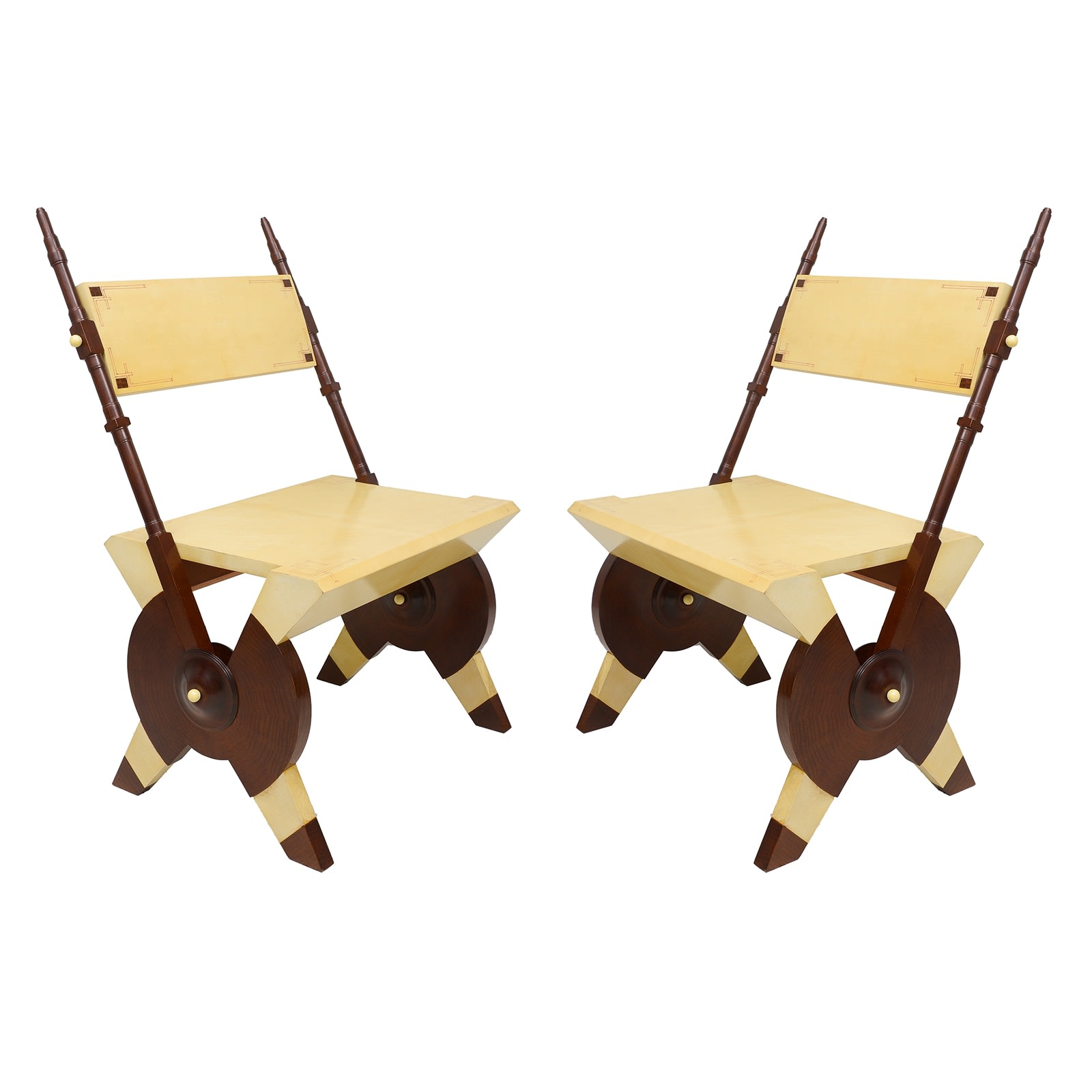 Pair of Carlo Bugatti Inspired Handcrafted Parchment and Mahogany Chairs, c 1950’s – 1970’s