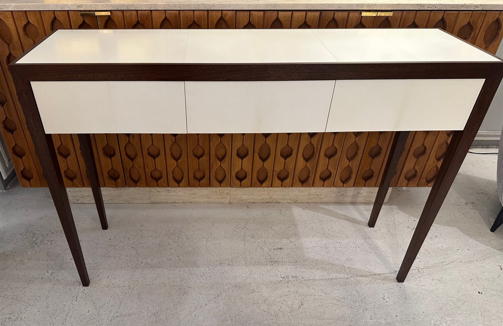 Custom Parchment and Mahogany Console with Three Drawers