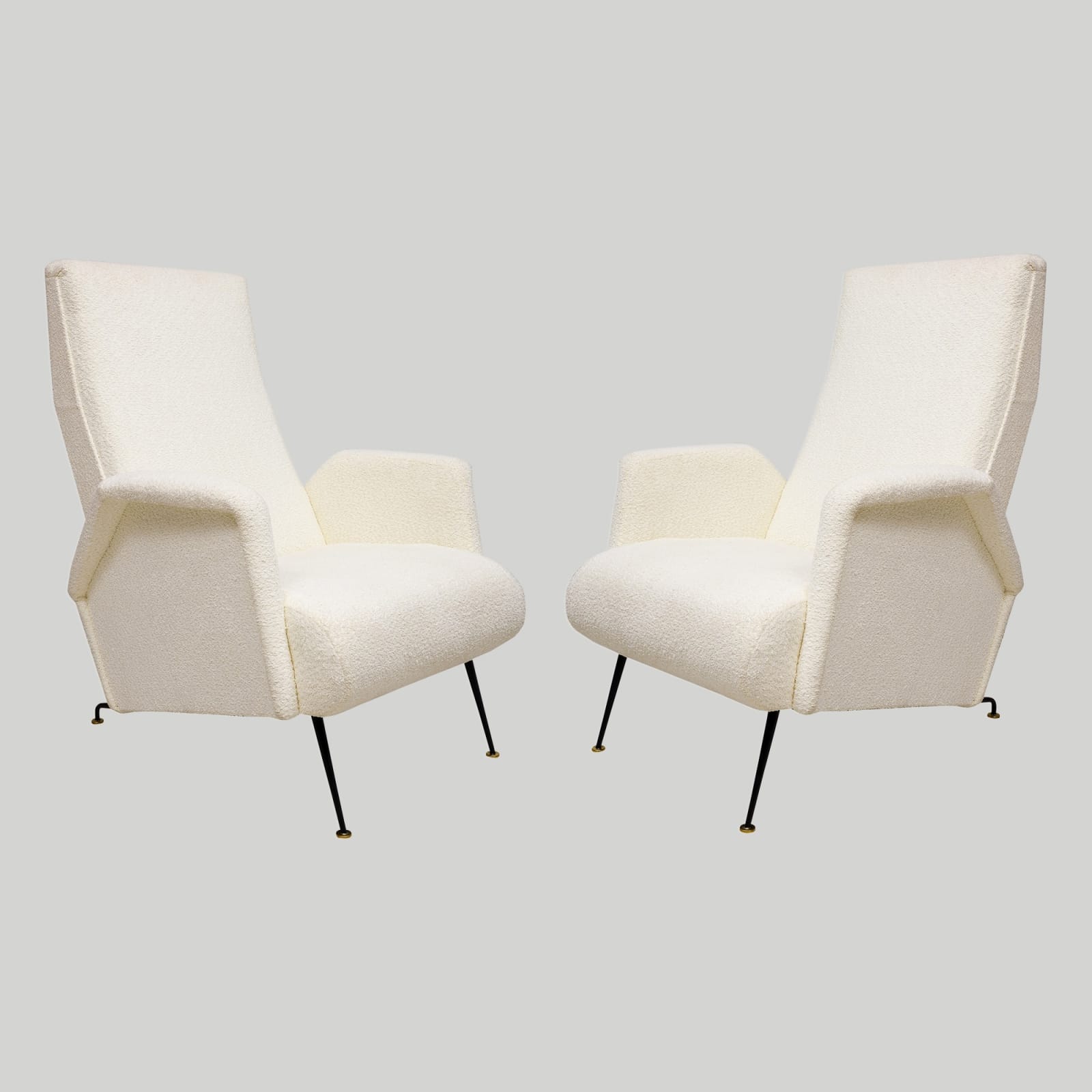 Pair of Italian Mid-Century Lounge Chairs upholstered in Boucle fabric, c 1950’s