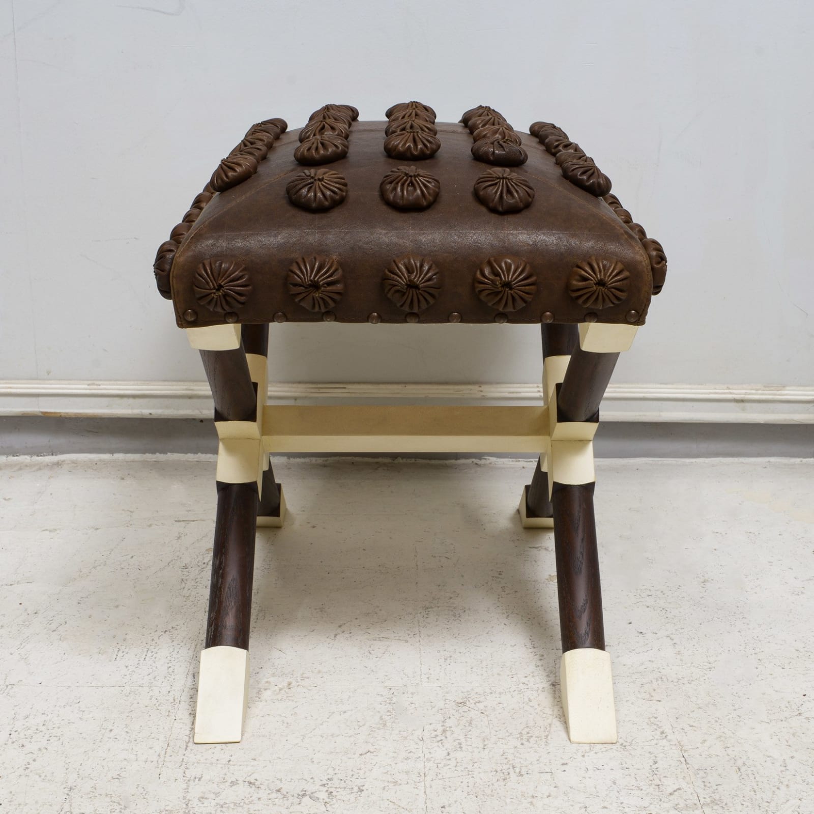 Custom Pair of Oak and Parchment X-Frame Benches upholstered in Leather, 21st century