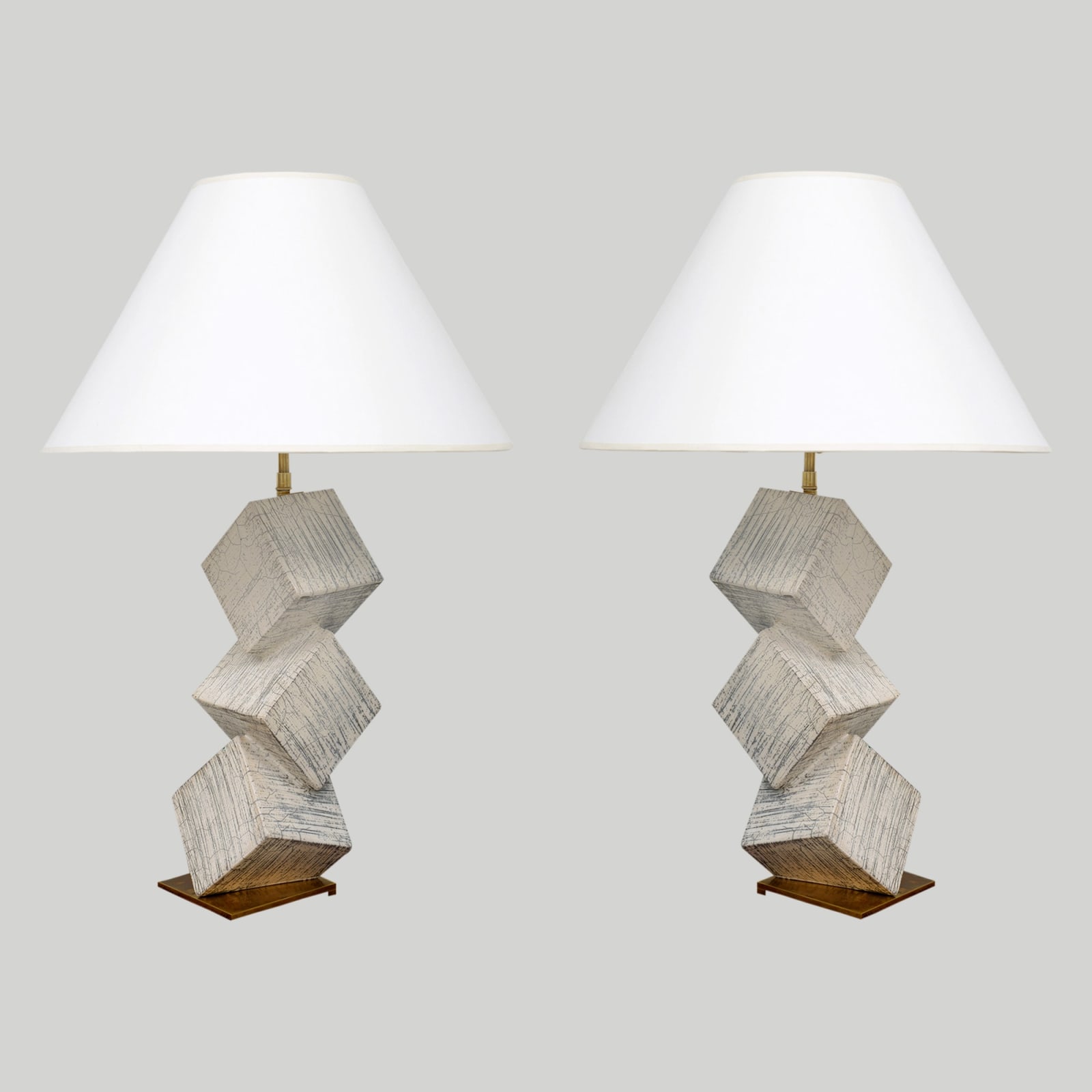 Barbara Billoud, French Bespoke Pair of Sculptural Raku Ceramic Cubist Lamps, 2023