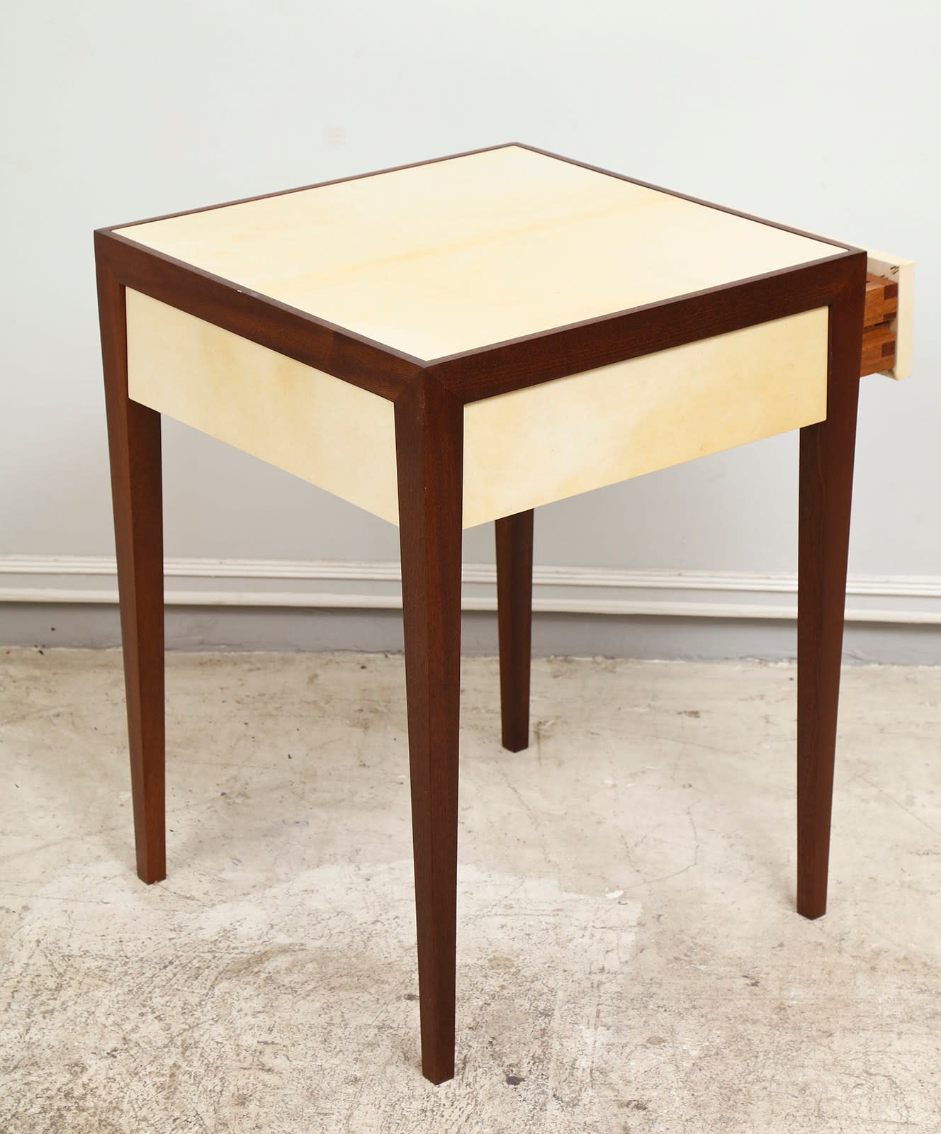 Custom Parchment Side Table with a Central Drawer, 21st century