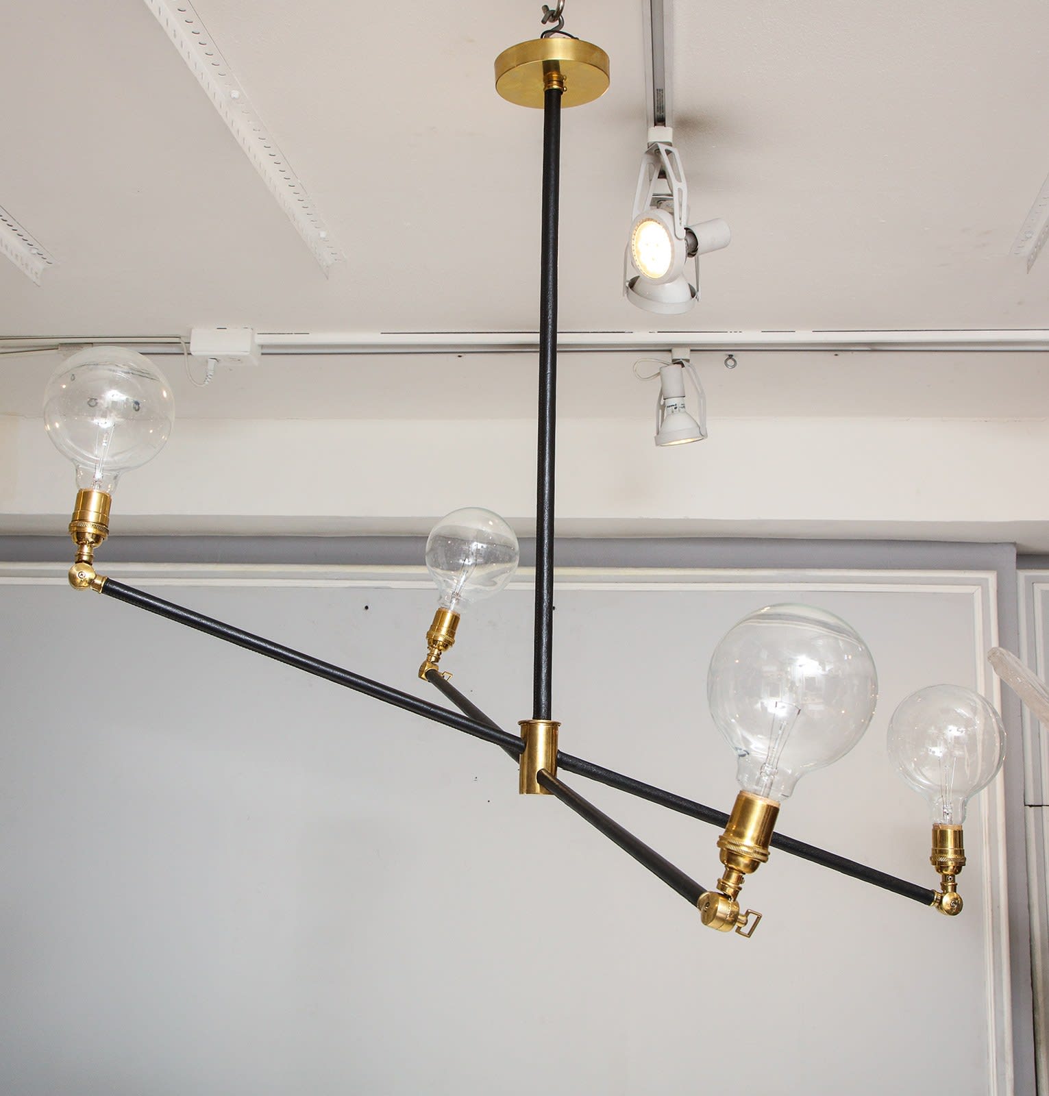 Custom Sculptural Leather and Brass Four-Arm Fixture with Articulating Arms