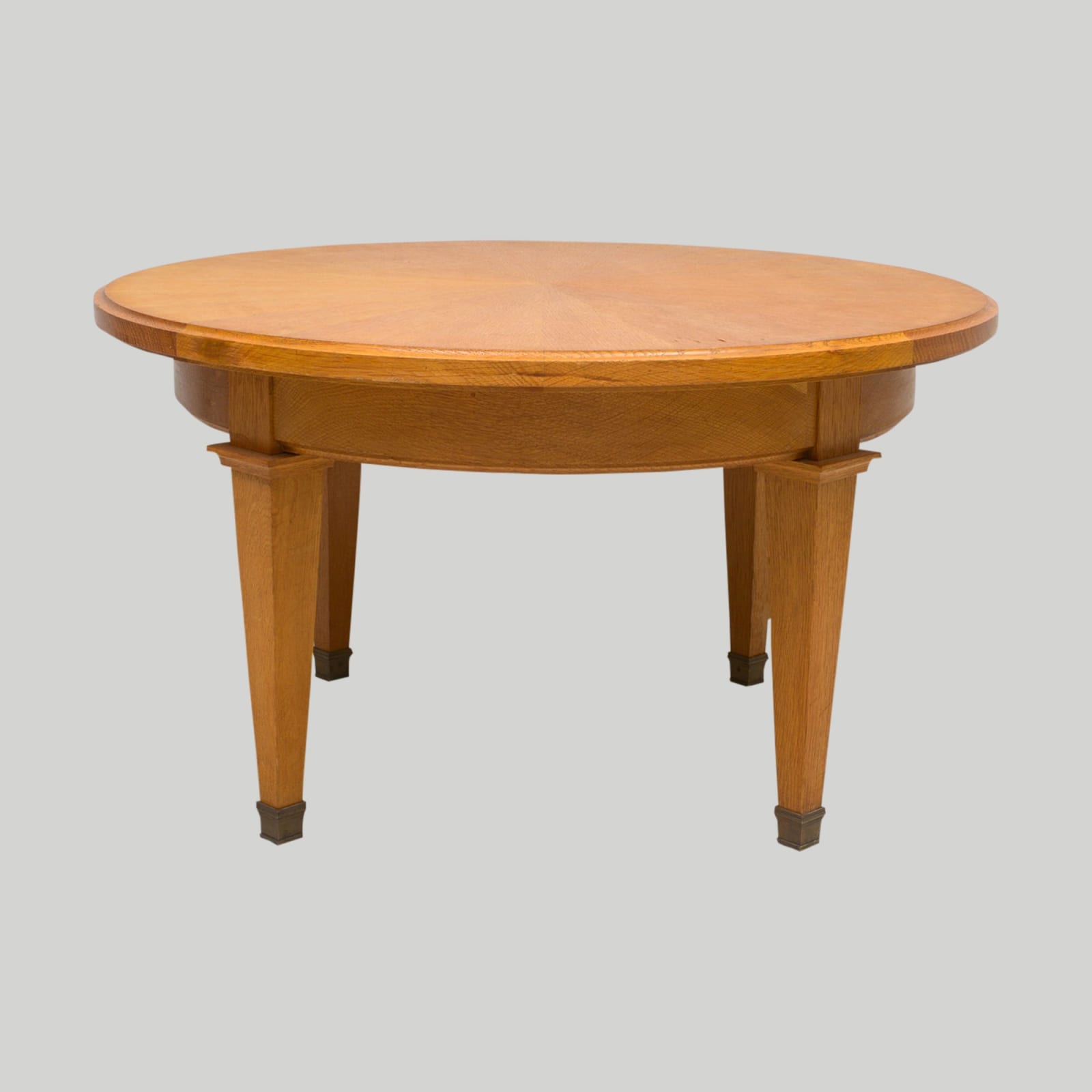 Vintage French Circular Coffee Table in Oak on Tapered Legs ending in Brass Sabots, c 1940's-1950's