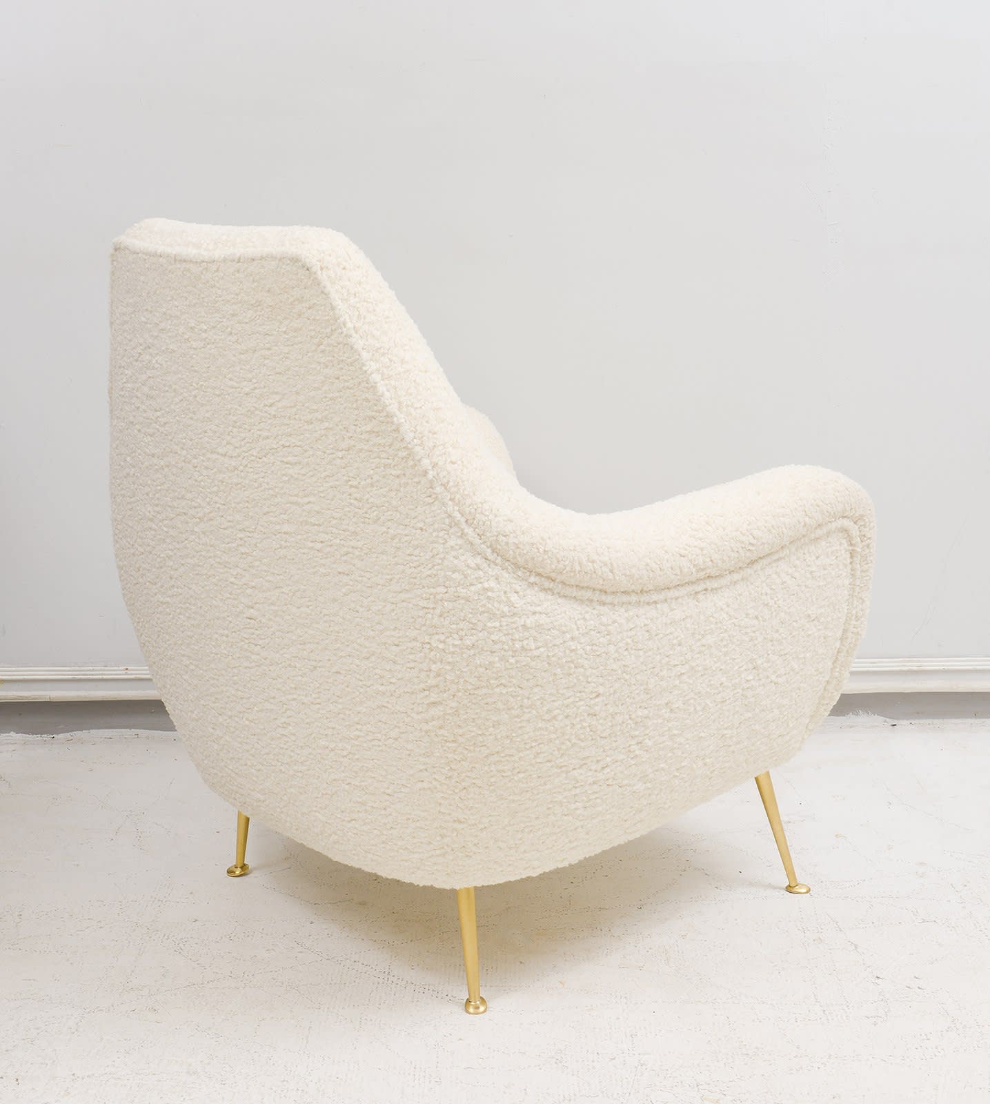 Custom Pair of Italian Mid-century Modern Lounge Chairs Upholstered in Boucle