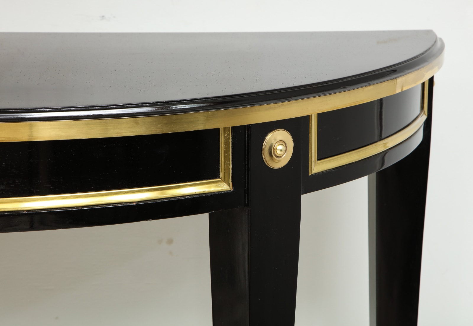 Bespoke Pair of Brass-Banded Demilune Consoles in the Neoclassic Manner, 21st century