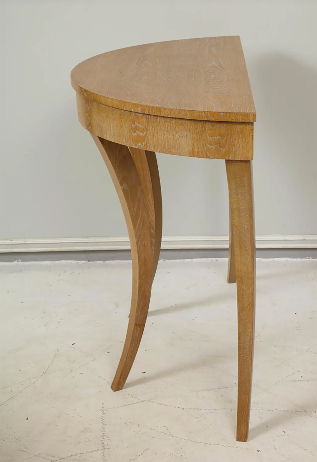 Custom Cerused Oak Bobo Demilune Console on Splayed Tapered Legs, 21st Century