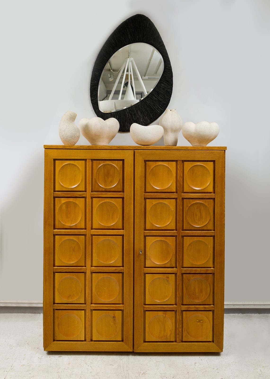 Vintage French Graphic Oak Cabinet with Geometric Pattern, mid-20th century