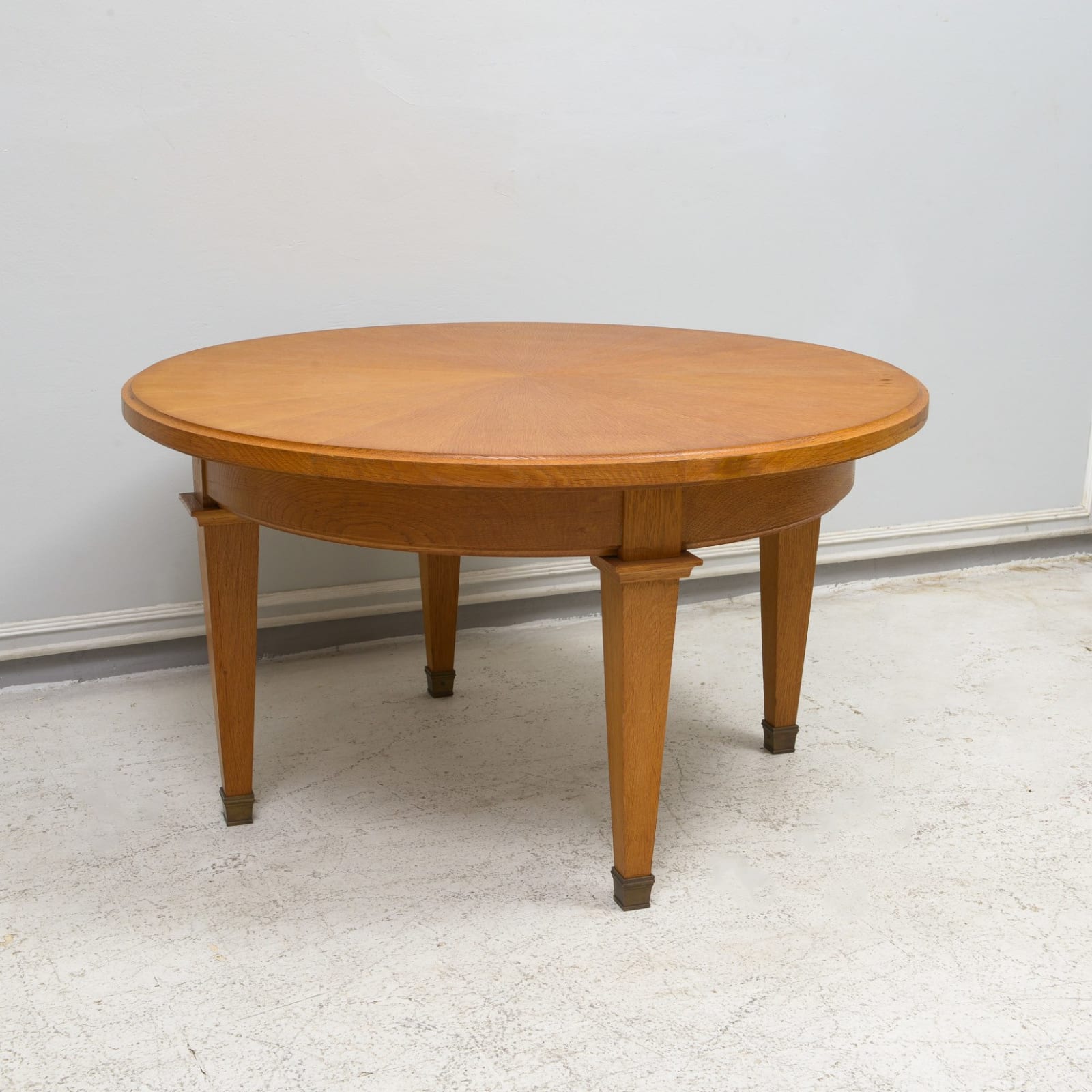 Vintage French Circular Coffee Table in Oak on Tapered Legs ending in Brass Sabots, c 1940's-1950's