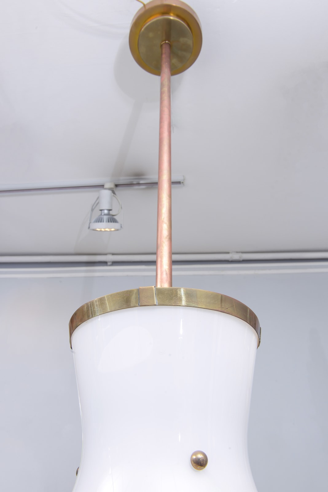 Custom Cone-Shaped White Glass Fixture with Applied Brass, 21st century
