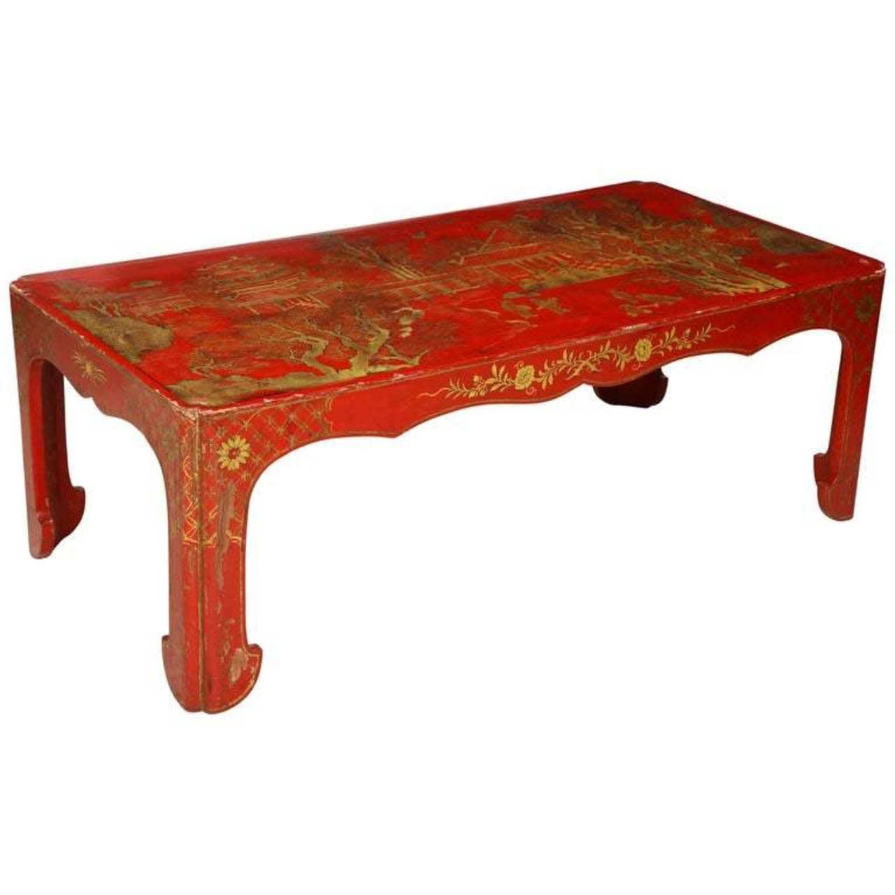Hand Painted Red Lacquered Chinoiserie Cocktail/Coffee Table
