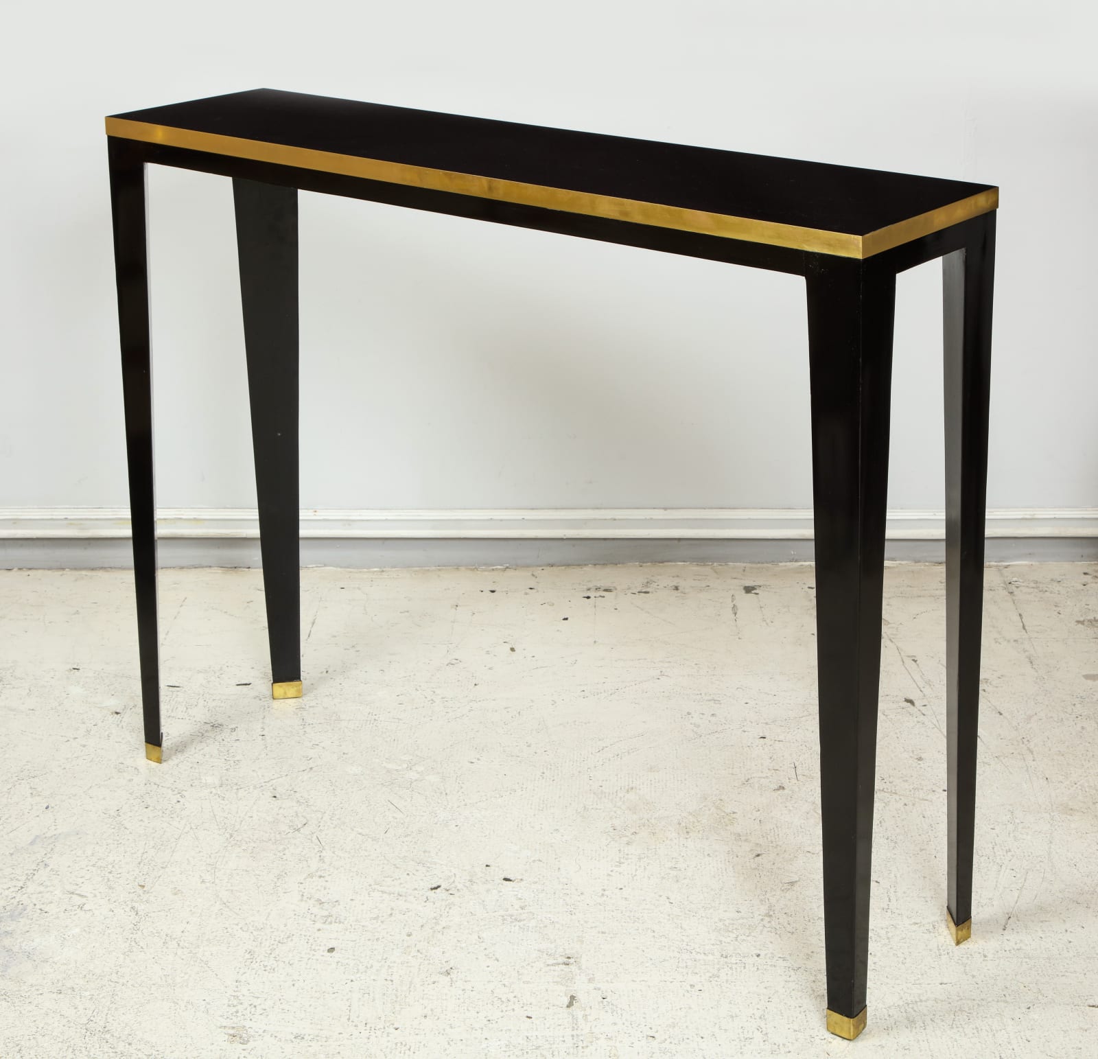 Custom Ebonized Brass-Banded Console on Tapered Legs, 21st century