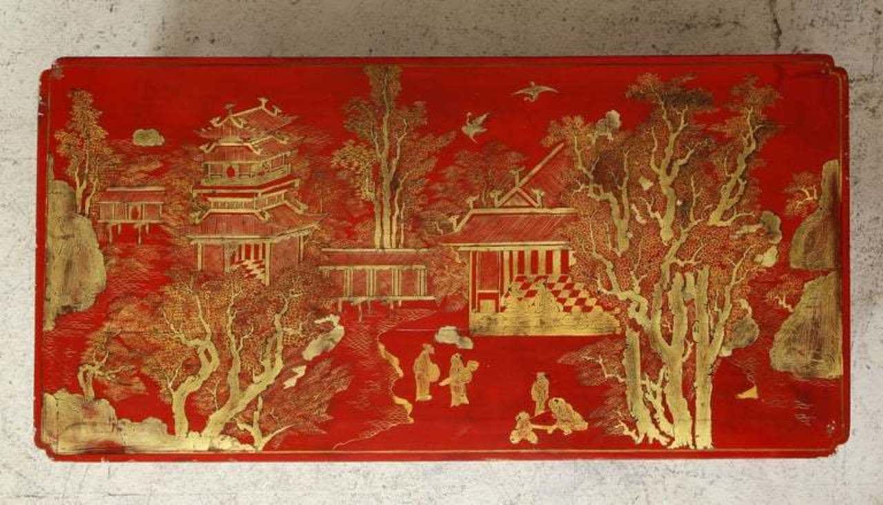 Hand Painted Red Lacquered Chinoiserie Cocktail/Coffee Table