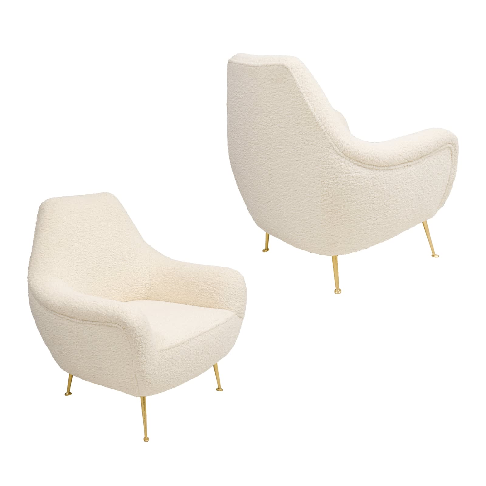 Custom Pair of Italian Mid-century Modern Lounge Chairs Upholstered in Boucle