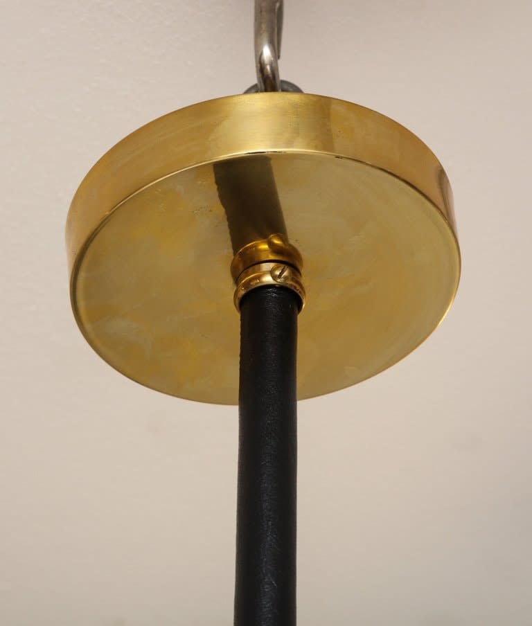 Custom Sculptural Leather and Brass Four-Arm Fixture with Articulating Arms