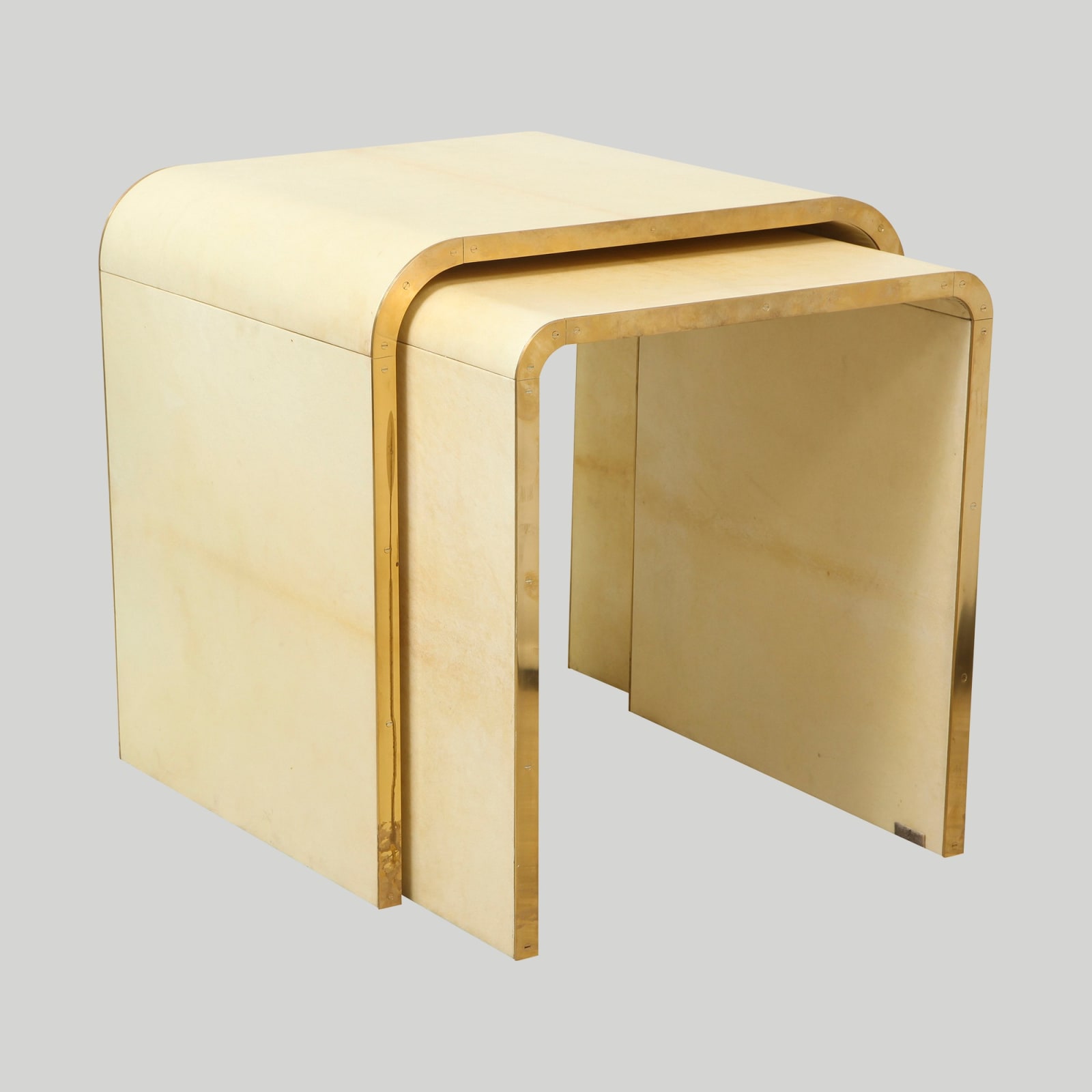 Set of 2 Custom Parchment Nesting Tables with Bronze Banding