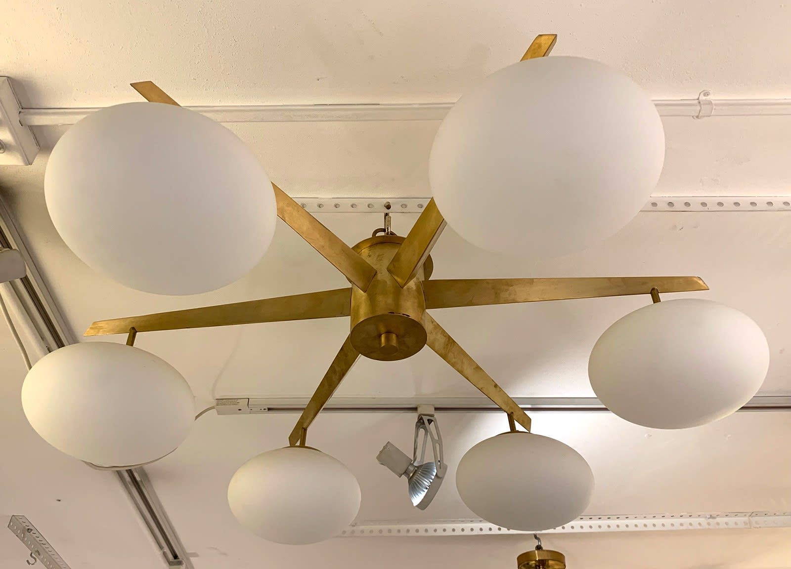 Custom Luca Mid-Century Style Brass and Opaline Glass Six-Light Fixture