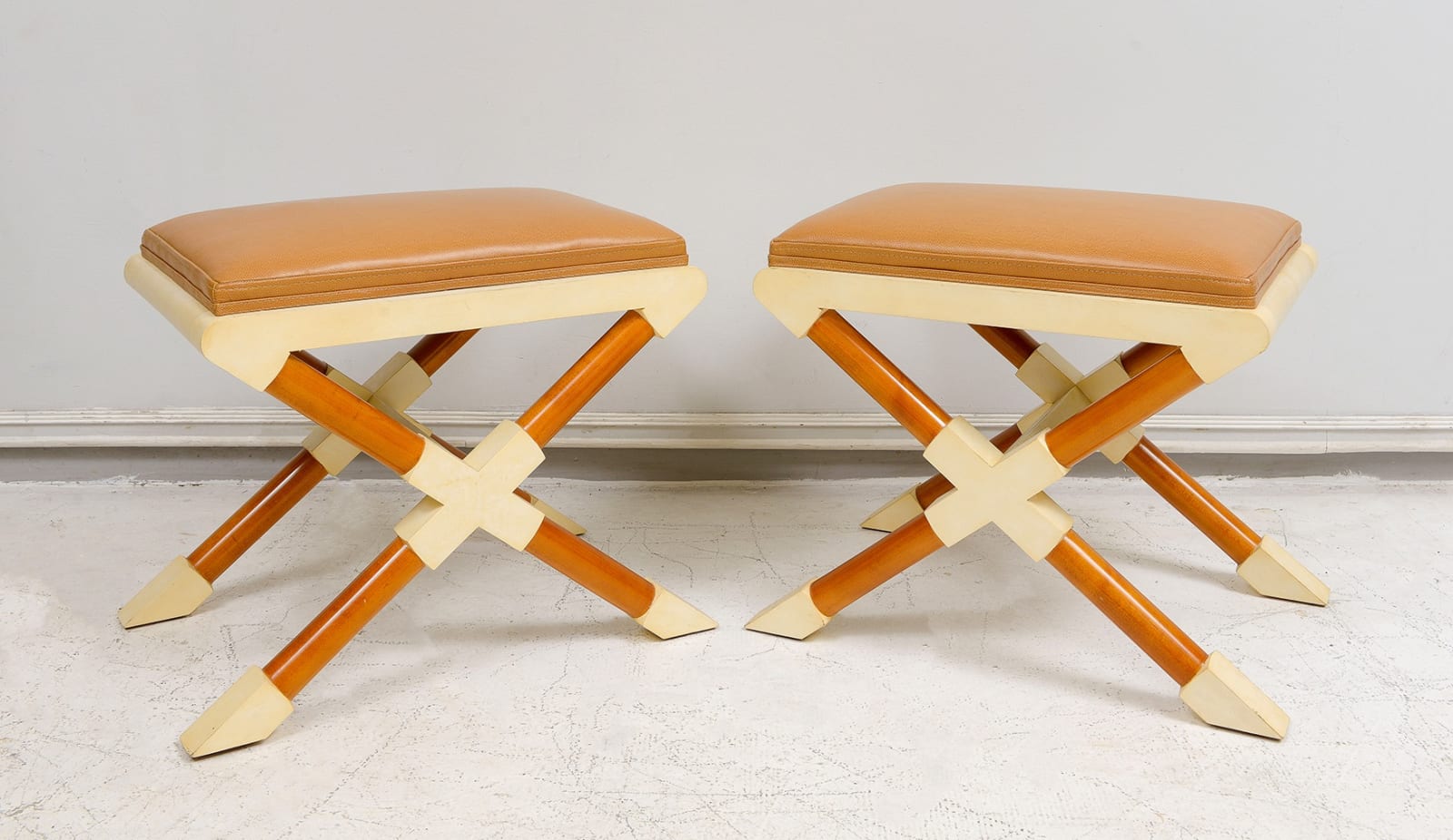 Bespoke Pair of Georgetta Parchment X-Frame Benches, 21st century