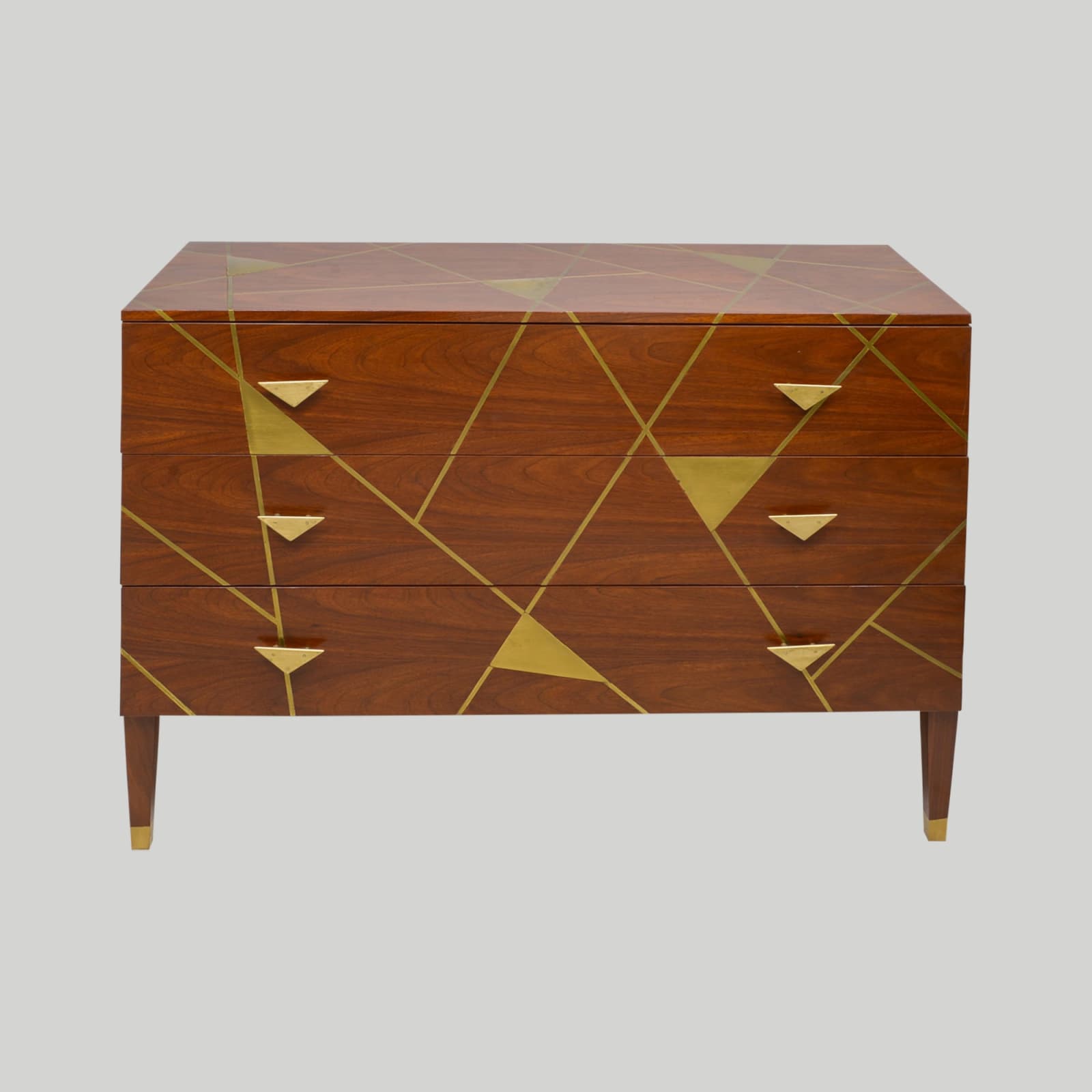 Unusual Brass-inlaid Mahogany Chest with Geometric Pattern and Bronze Pulls, 21st century