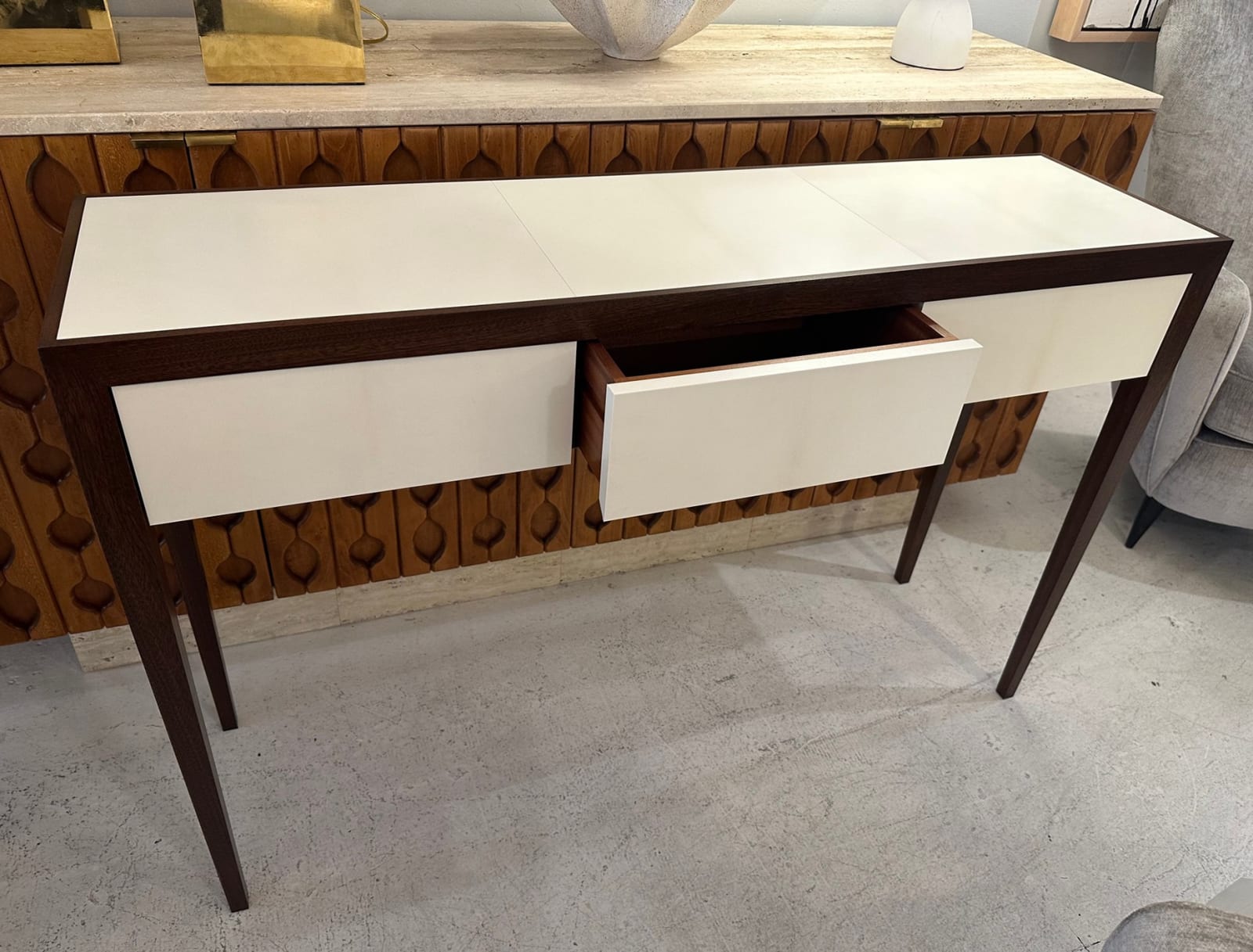 Custom Parchment and Mahogany Console with Three Drawers
