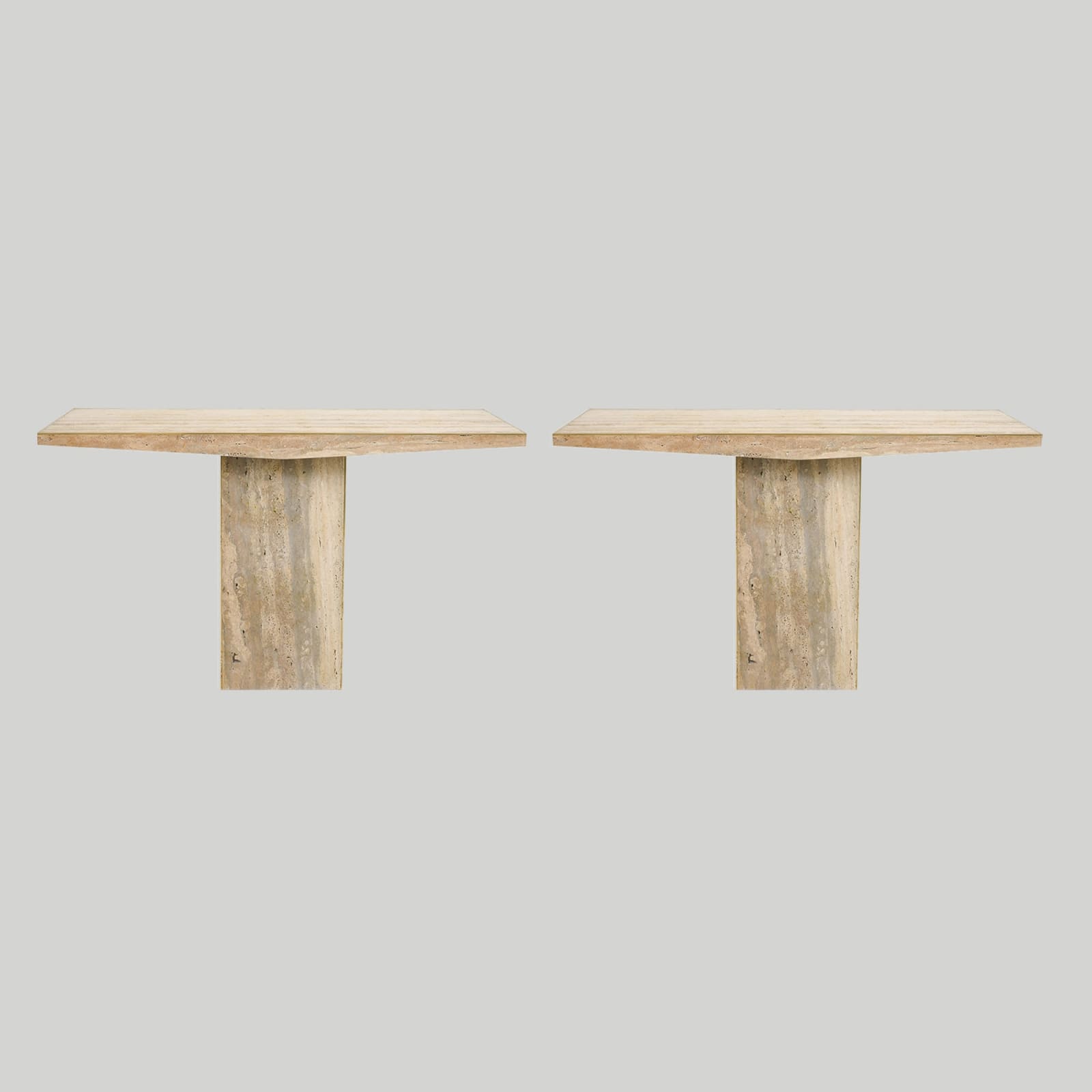 Sculptural Pair of Contemporary Italian Travertine Consoles with Brass Banding, 21st century