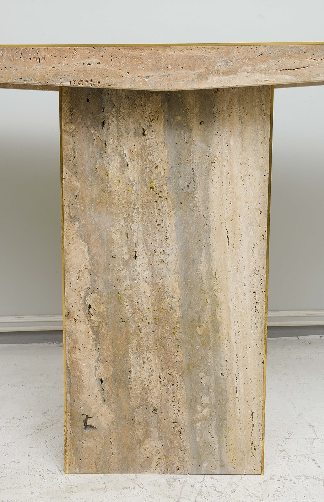 Sculptural Pair of Contemporary Italian Travertine Consoles with Brass Banding, 21st century