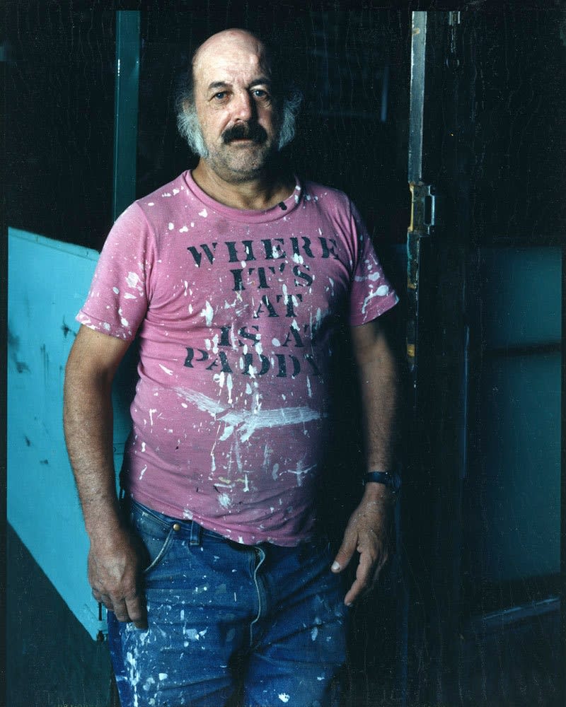 Bruce Wrighton, Man in pink T-shirt (Where It's at is a Paddy's), painted splattered, 1987